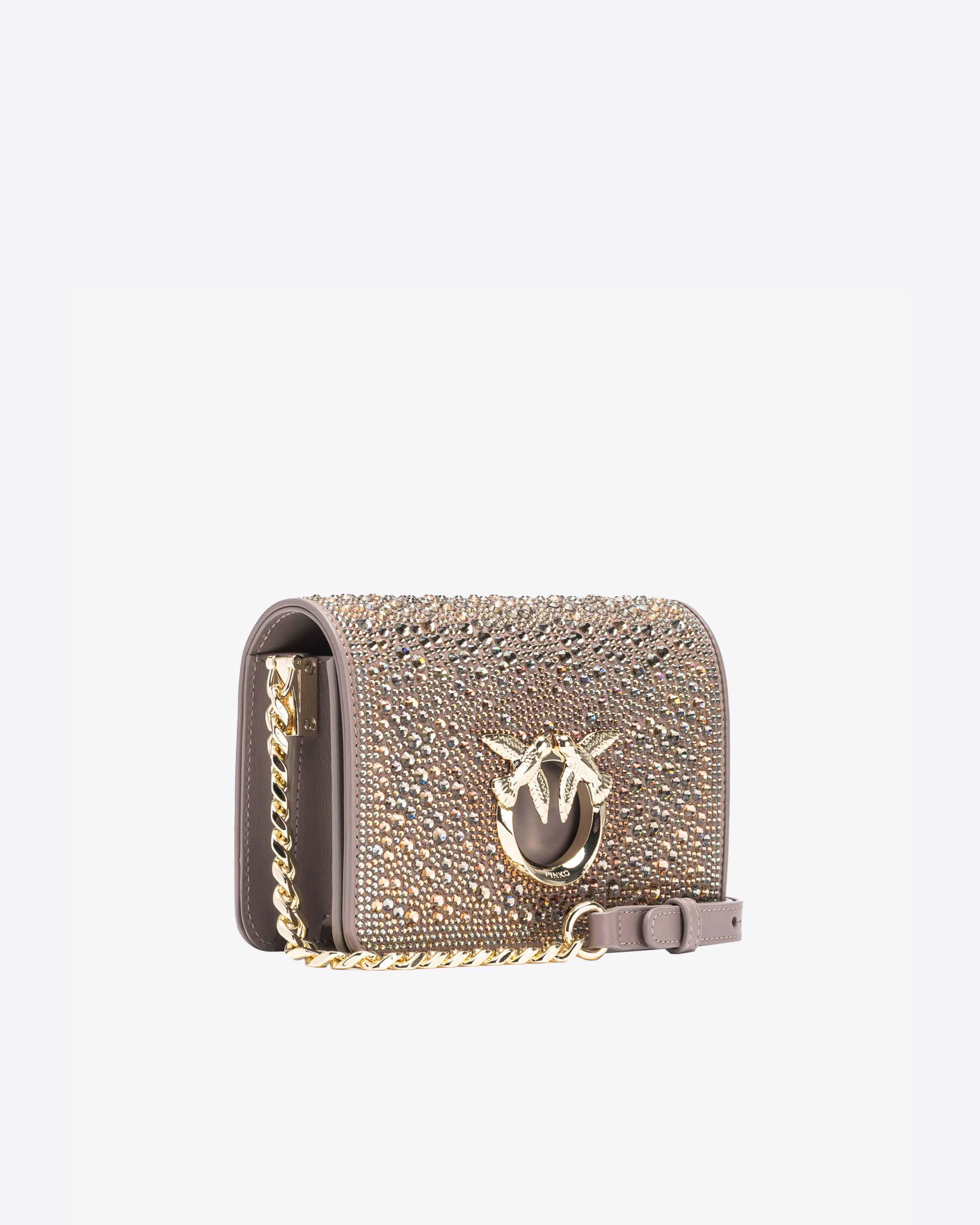 Pinko Galleria Full-rhinestone Mini Love Bag Click In Beige - Fer-or Clair