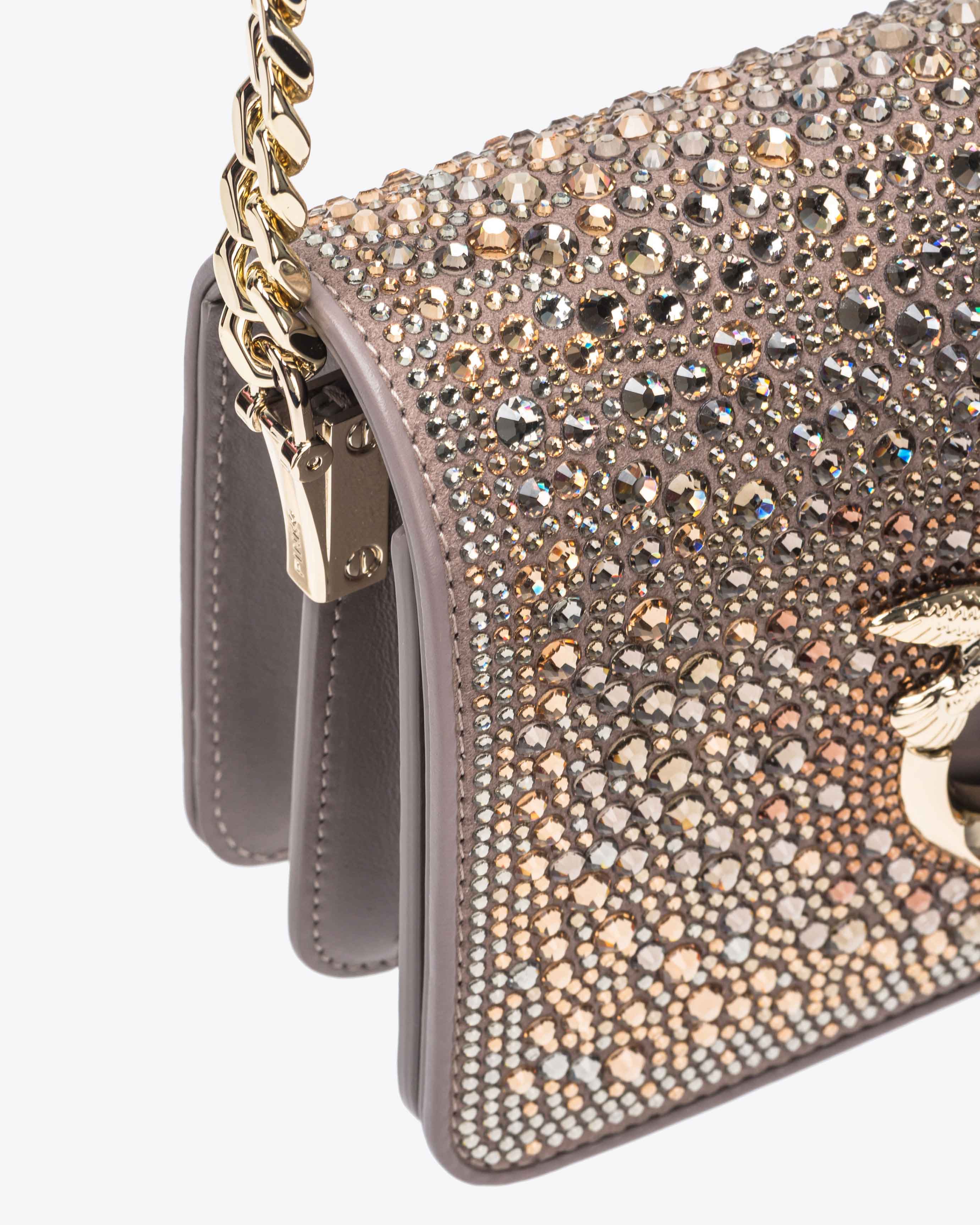 Pinko Galleria Full-rhinestone Mini Love Bag Click In Beige - Fer-or Clair