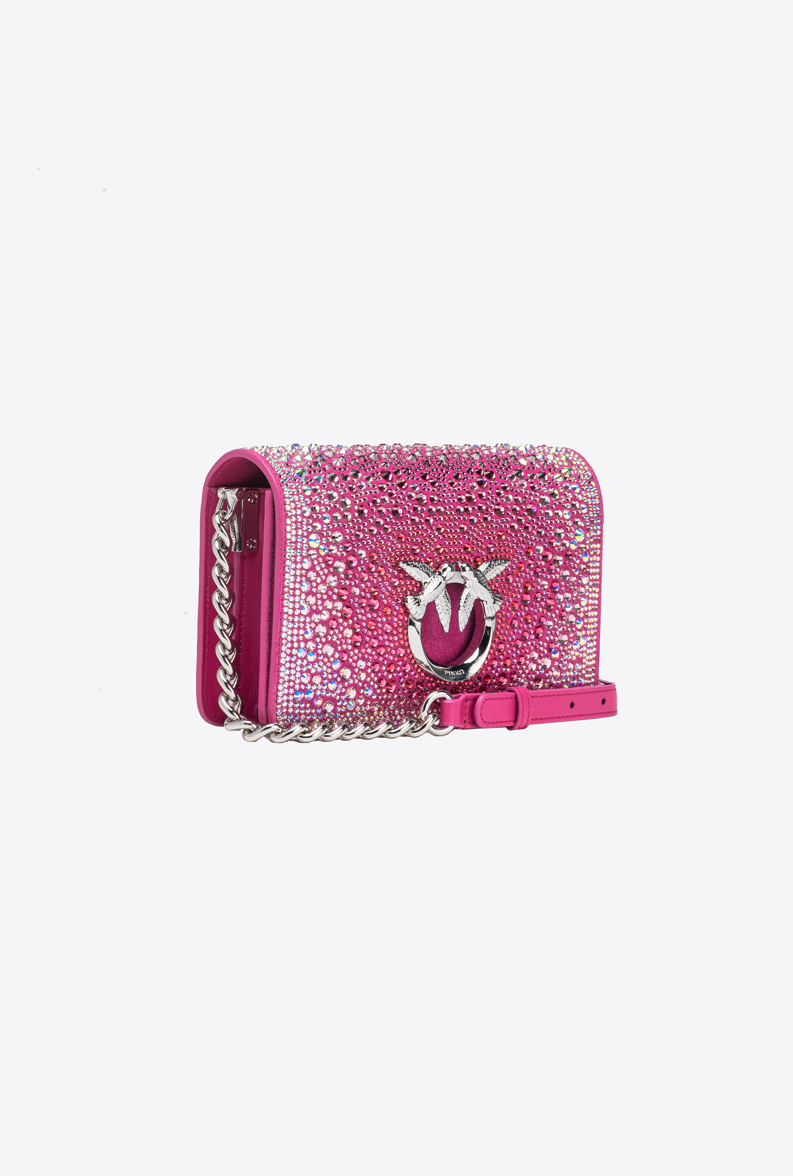 Pinko Galleria Full-rhinestone Mini Love Bag Click In Fuchsia Pink-shiny Nickel