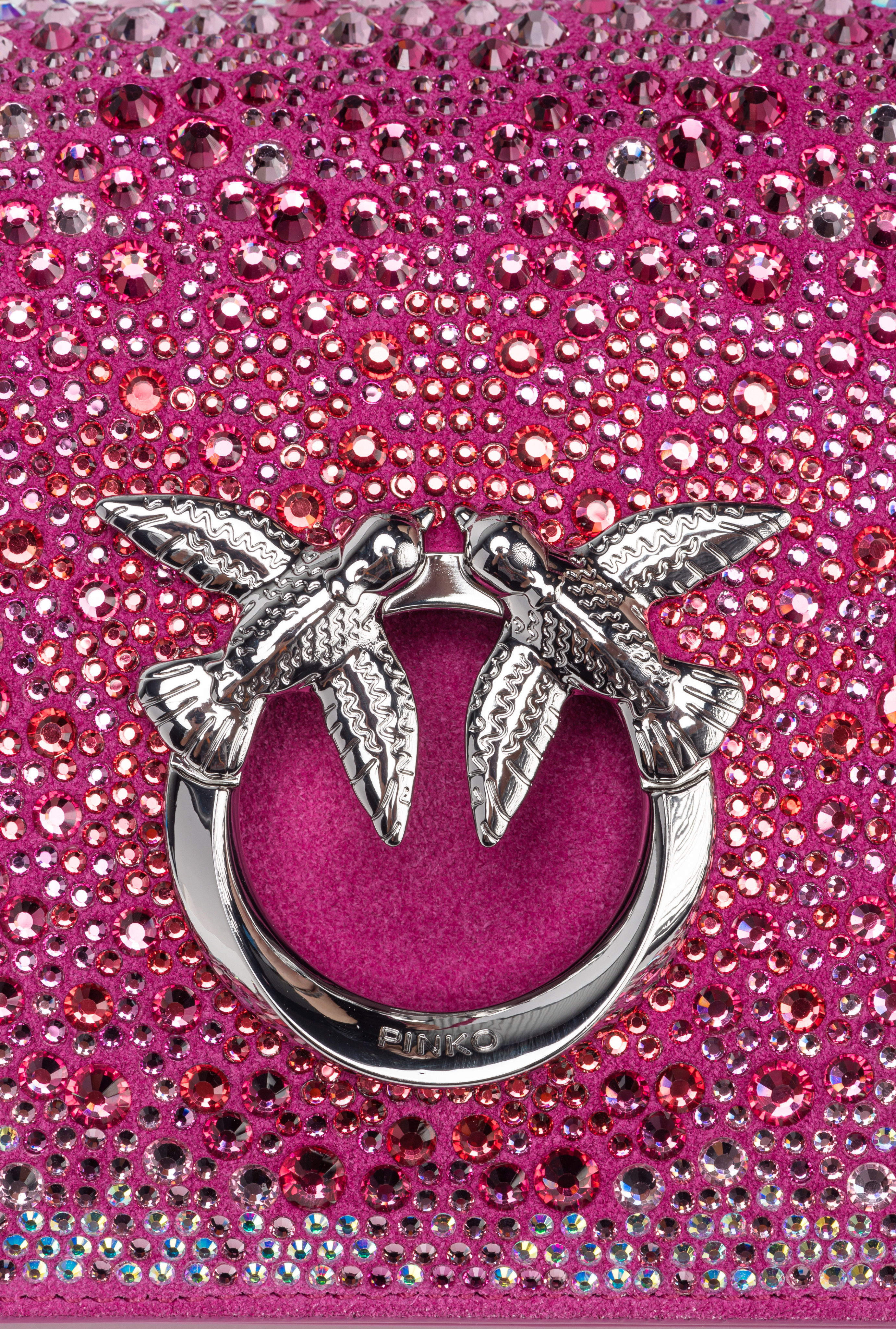 Pinko Galleria Full-rhinestone Mini Love Bag Click In Fuchsia Pink-shiny Nickel