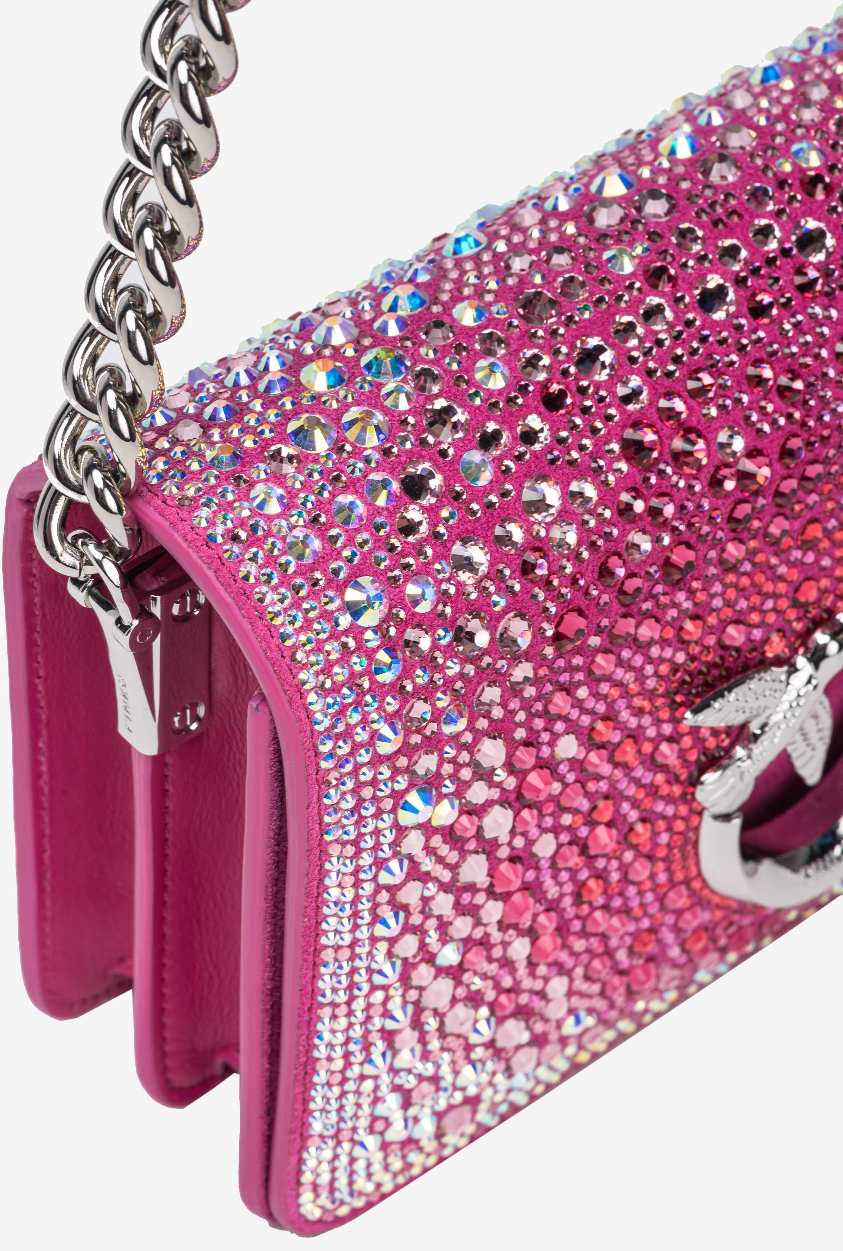 Pinko Galleria Full-rhinestone Mini Love Bag Click In Fuchsia Pink-shiny Nickel
