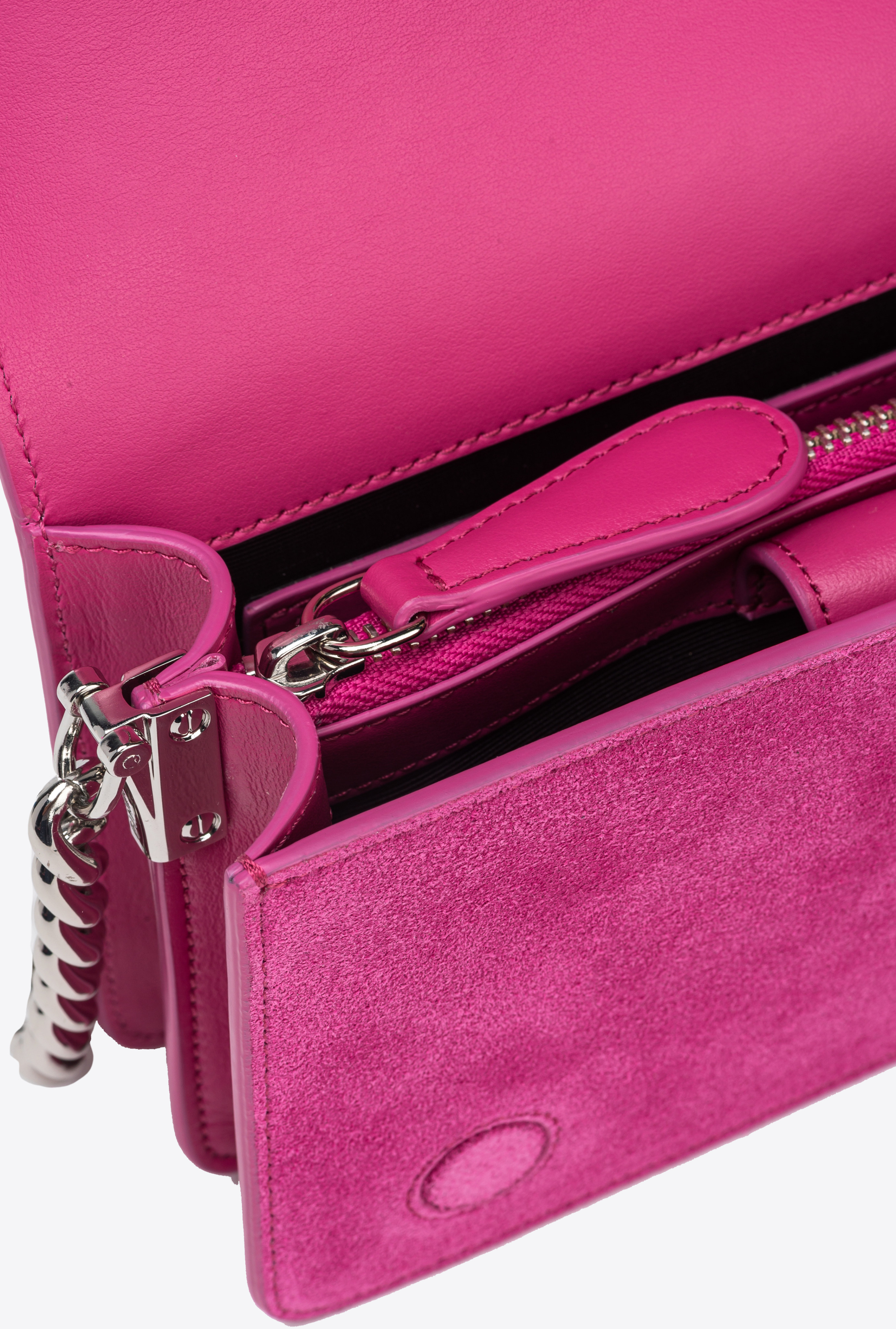 Pinko Galleria Full-rhinestone Mini Love Bag Click In Fuchsia Pink-shiny Nickel