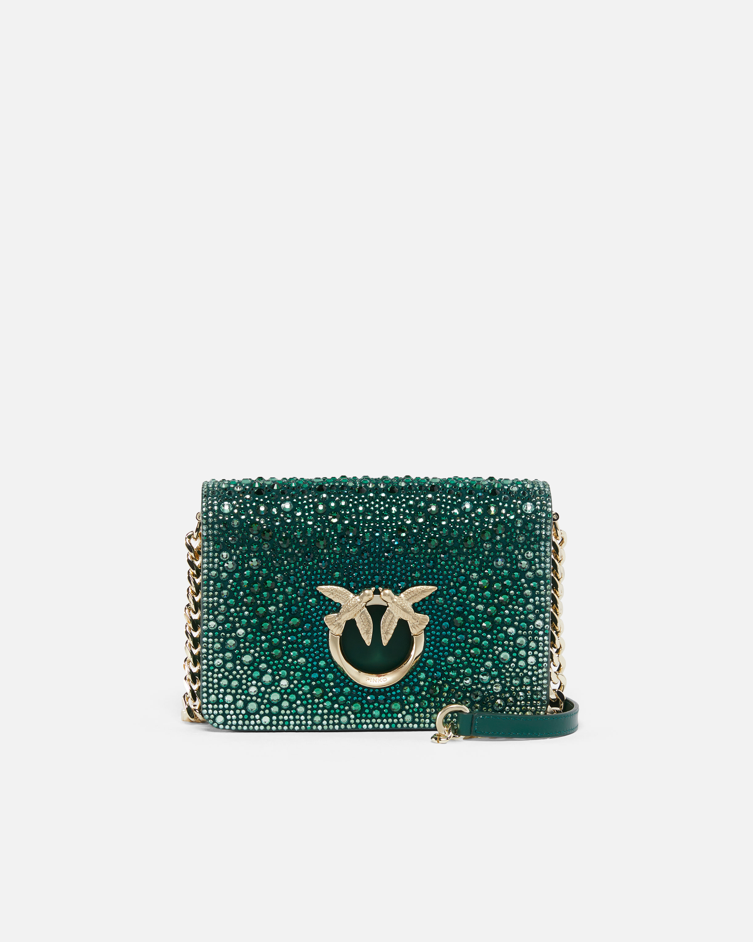 Pinko Galleria Full-rhinestone Mini Love Bag Click In Dark Green-light Gold