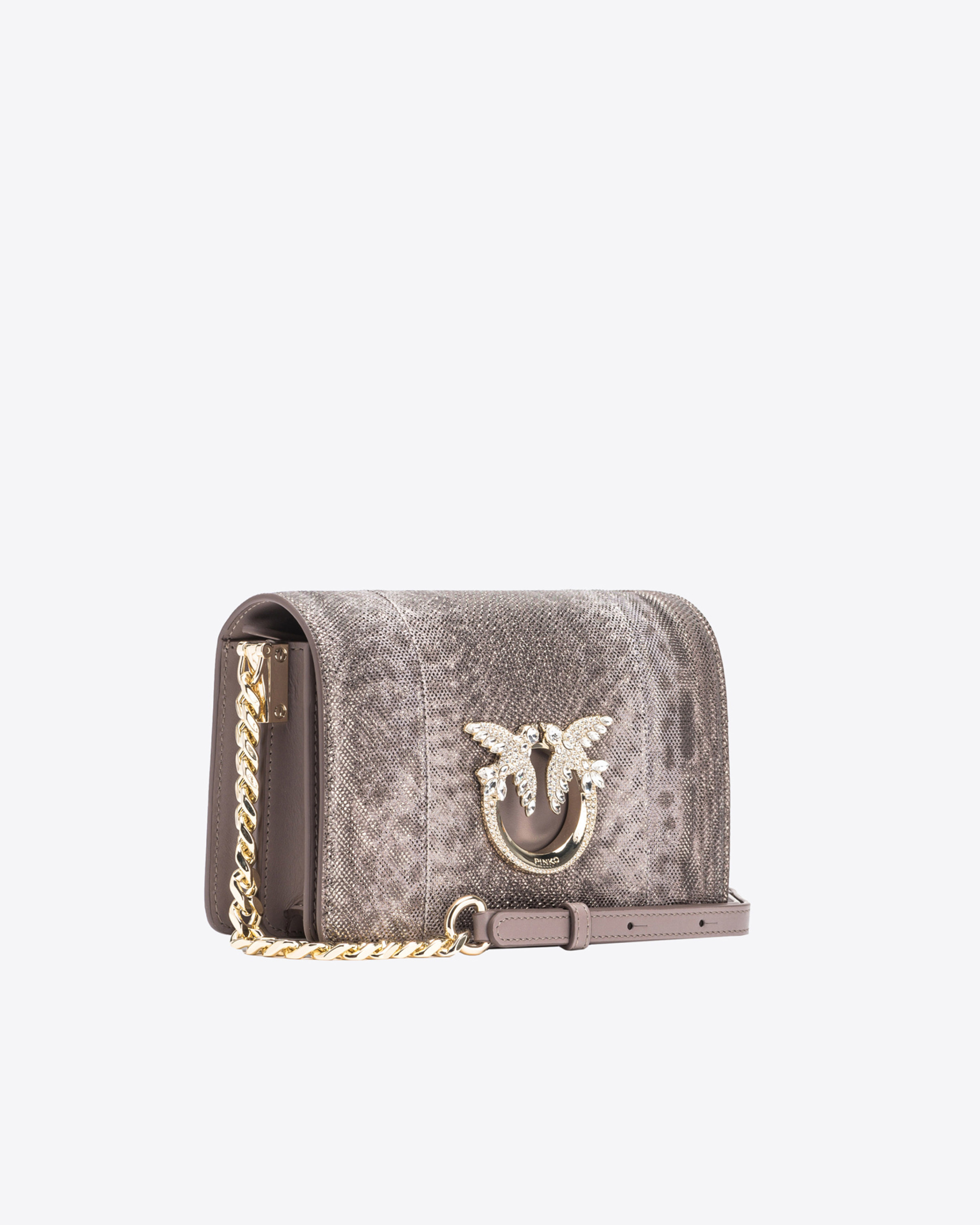 Pinko Galleria Mini Click Shoulder Bag In Glitter Reptile In Beige - Fer-or Clair