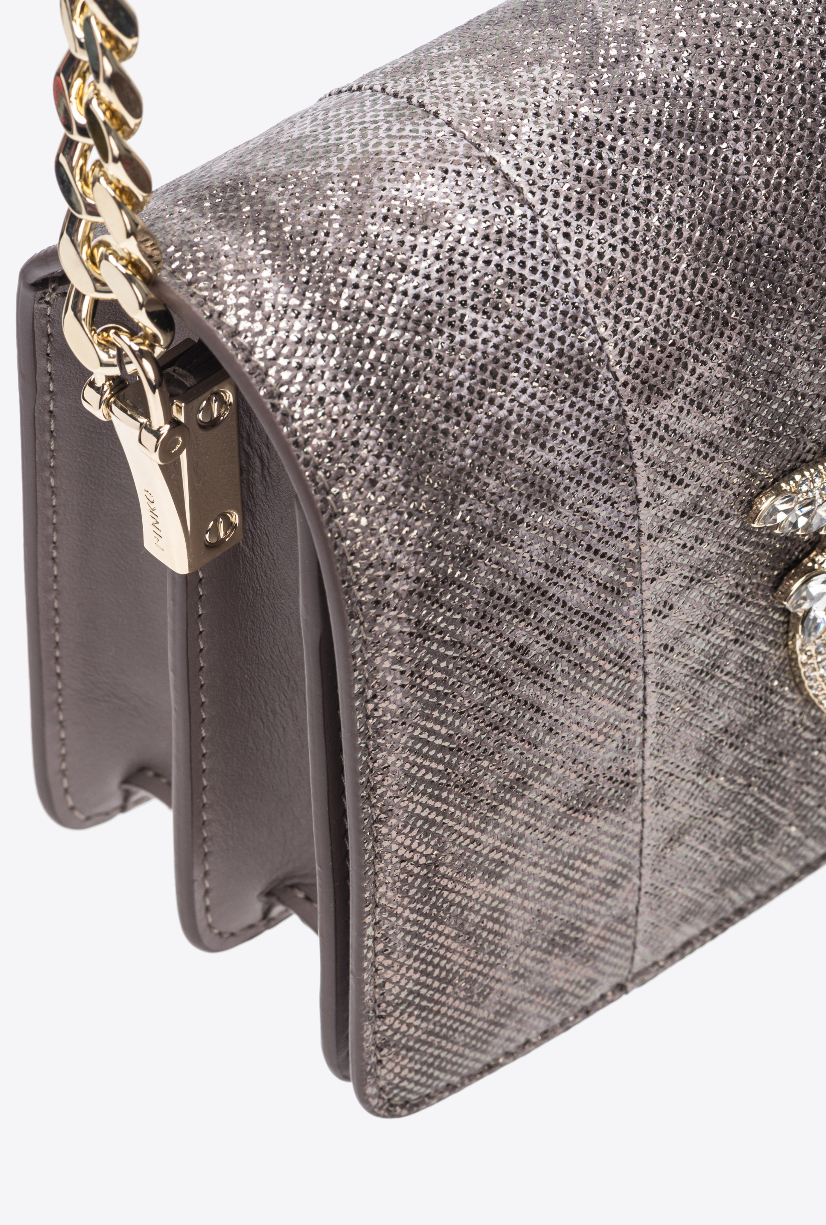 Pinko Galleria Mini Click Shoulder Bag In Glitter Reptile In Beige - Fer-or Clair