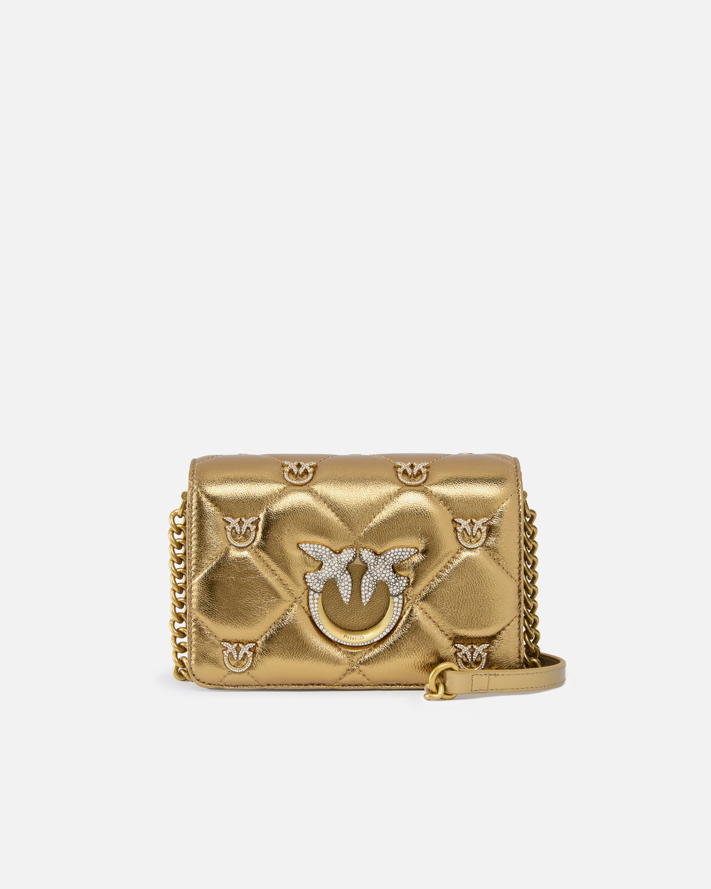 PINKO Galleria golden quilted Love Bag with bird detailing