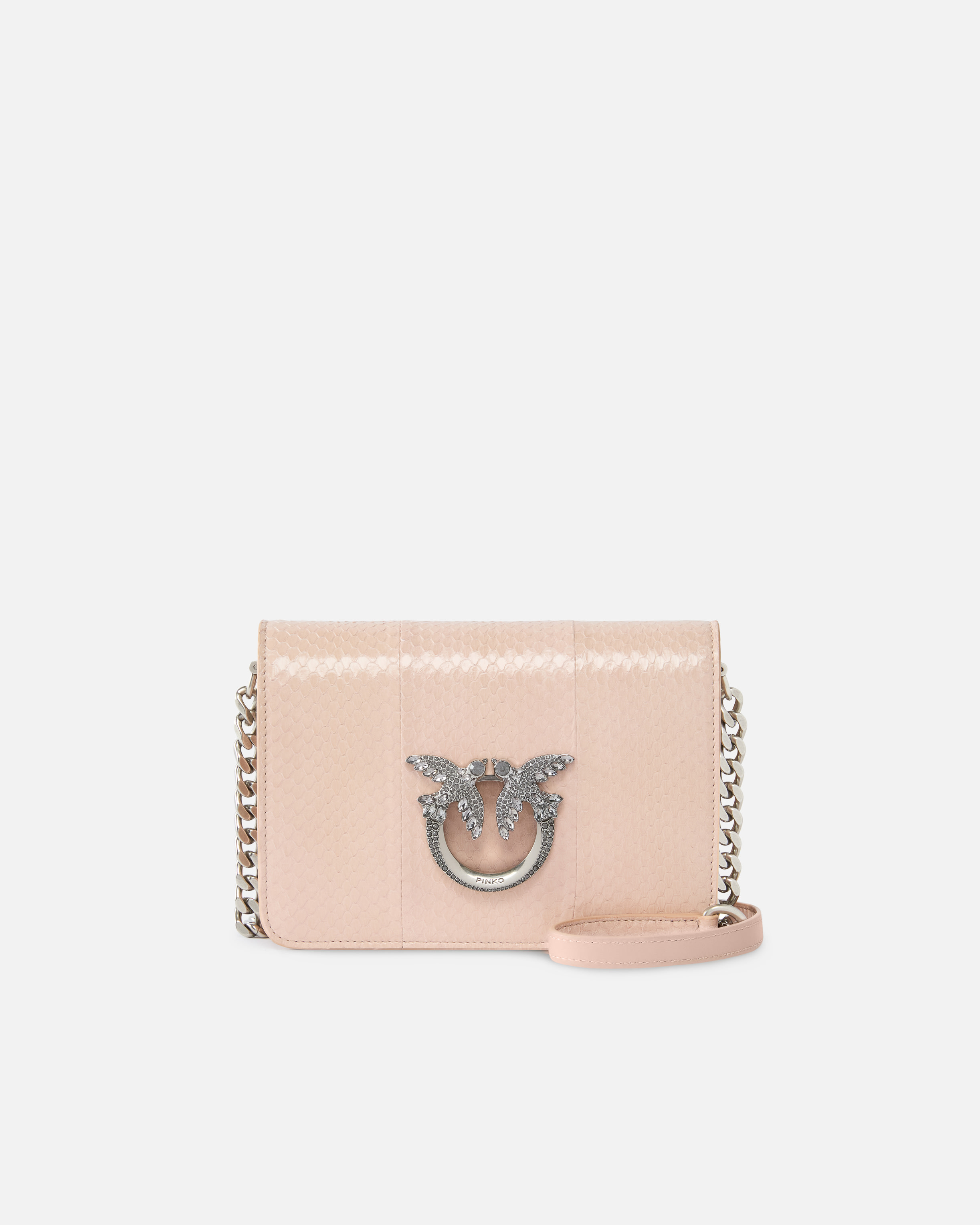 Pinko Galleria Mini Love Bag Crossbody Bag In Shiny Reptile Skin In Beige Rosa Past-old Silver