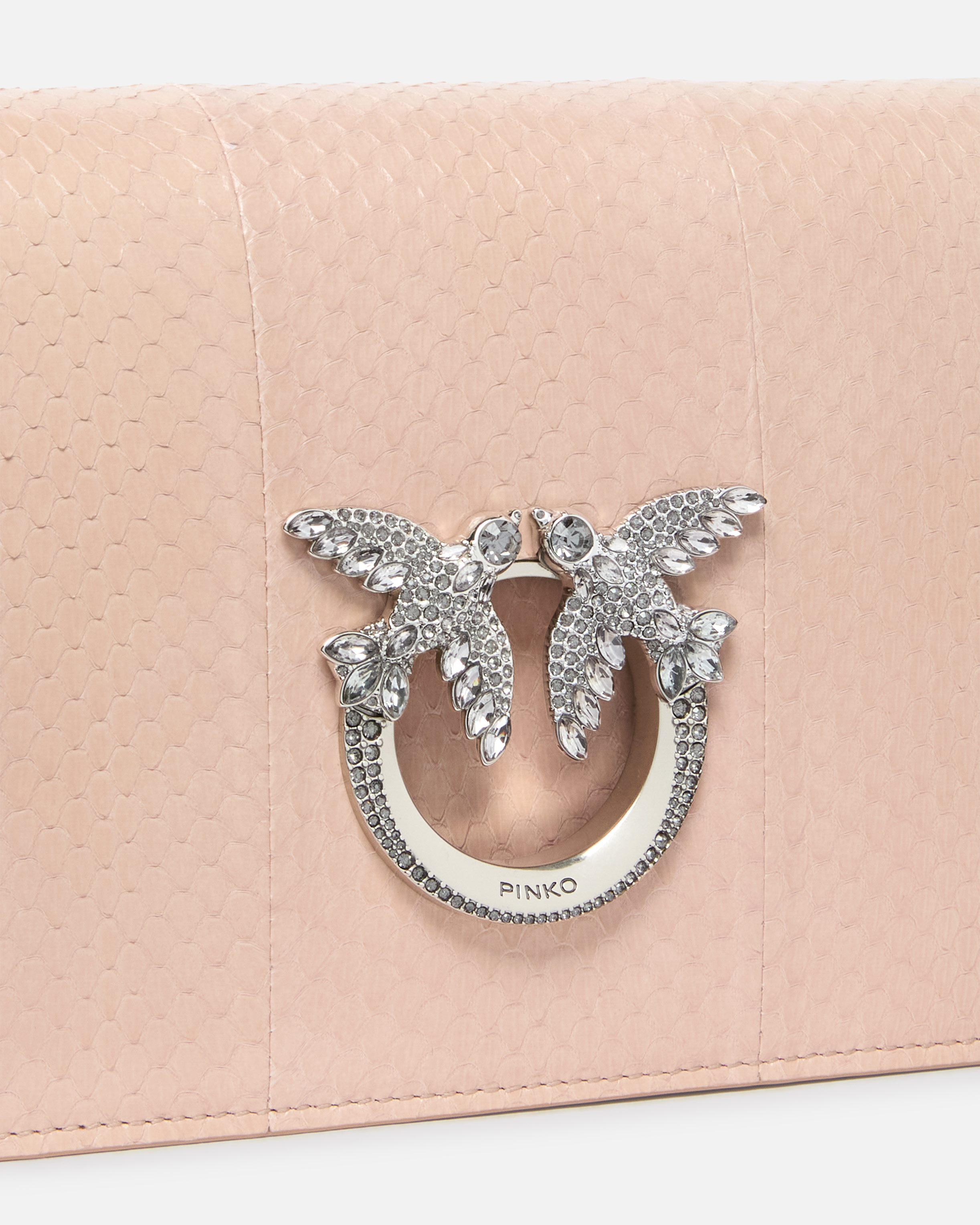 Pinko Galleria Mini Love Bag Crossbody Bag In Shiny Reptile Skin In Beige Rosa Past-old Silver