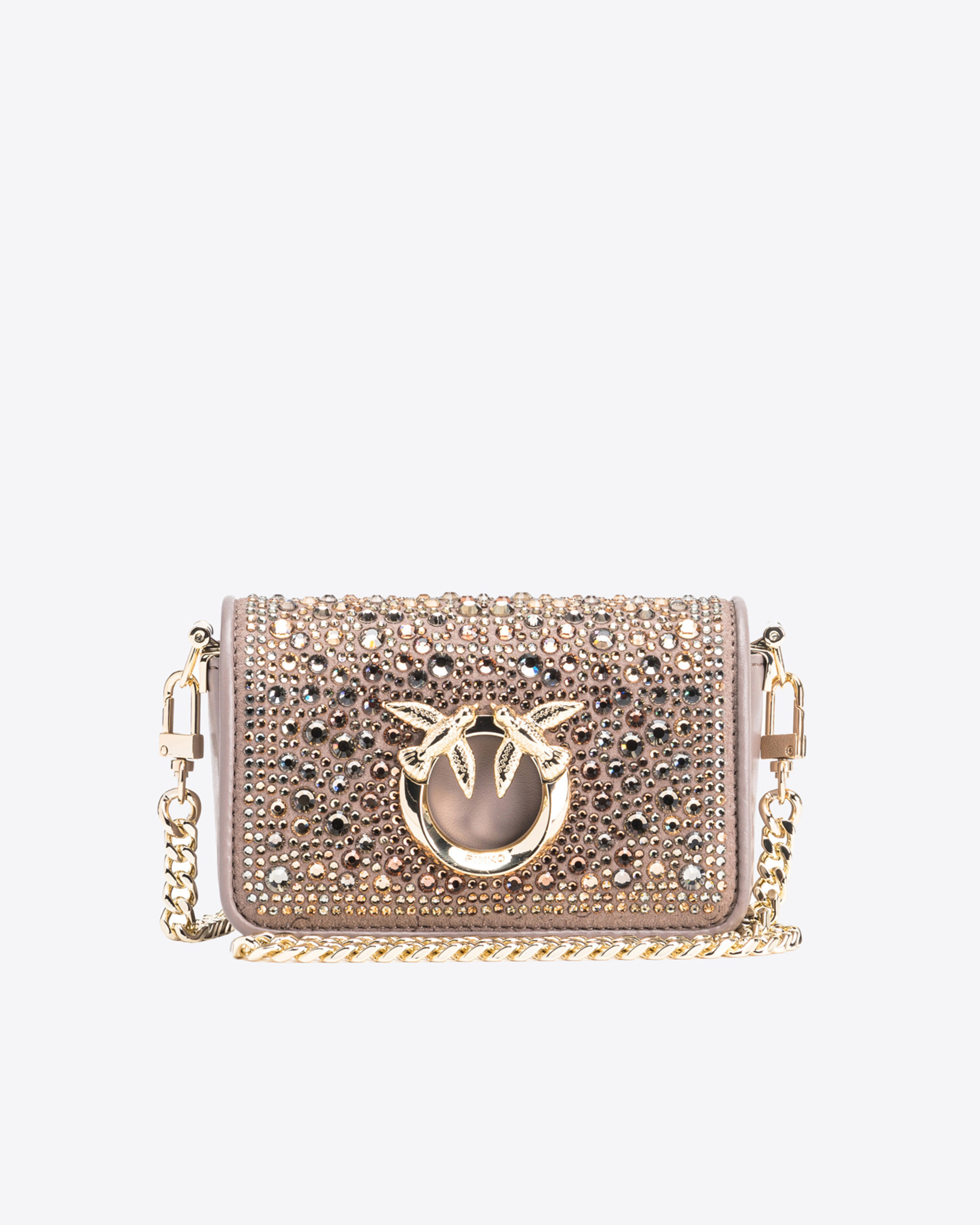 Shop Pinko Galleria Full-rhinestone Micro Love Bag Click In Beige - Fer-or Clair