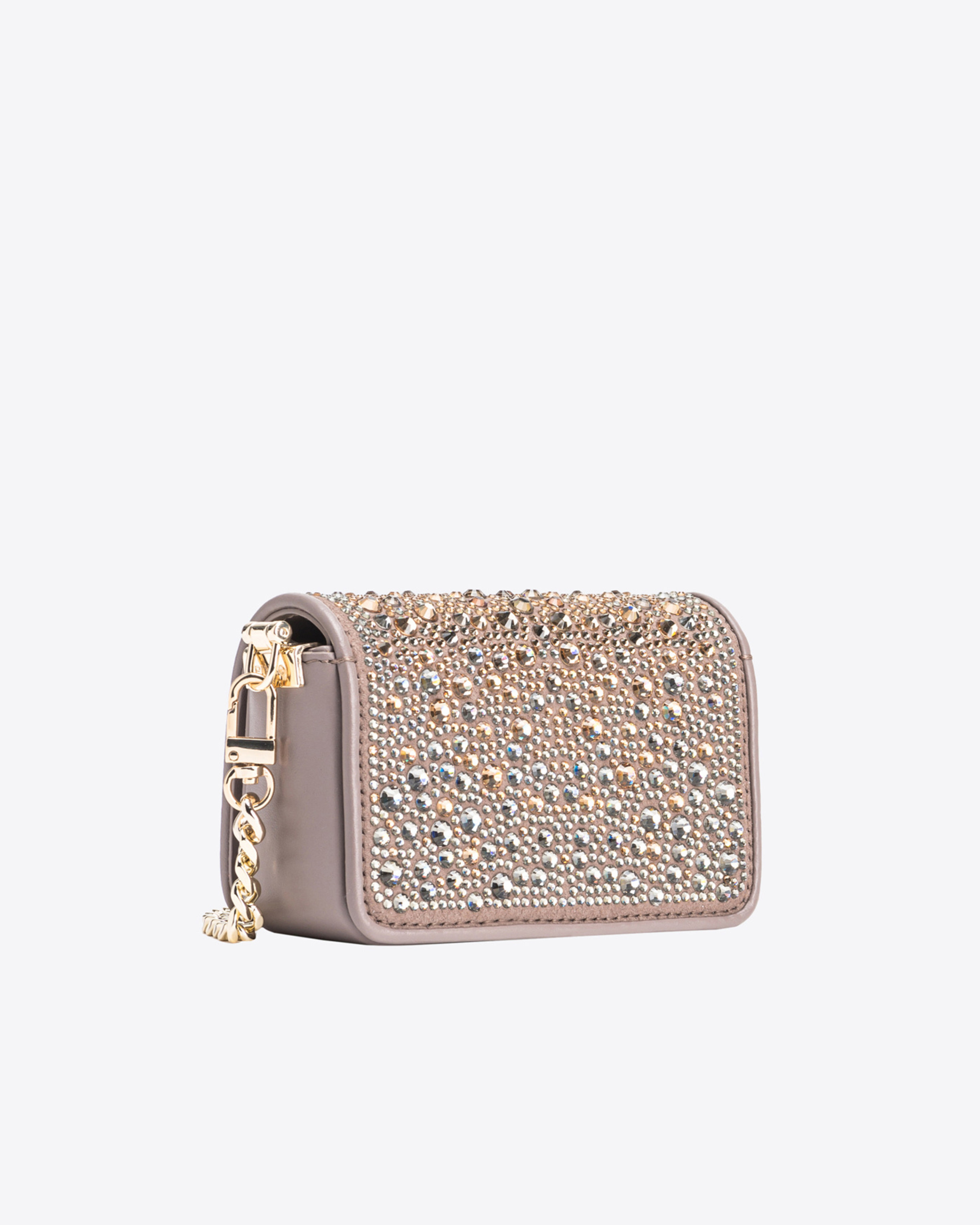 Shop Pinko Galleria Full-rhinestone Micro Love Bag Click In Beige - Fer-or Clair