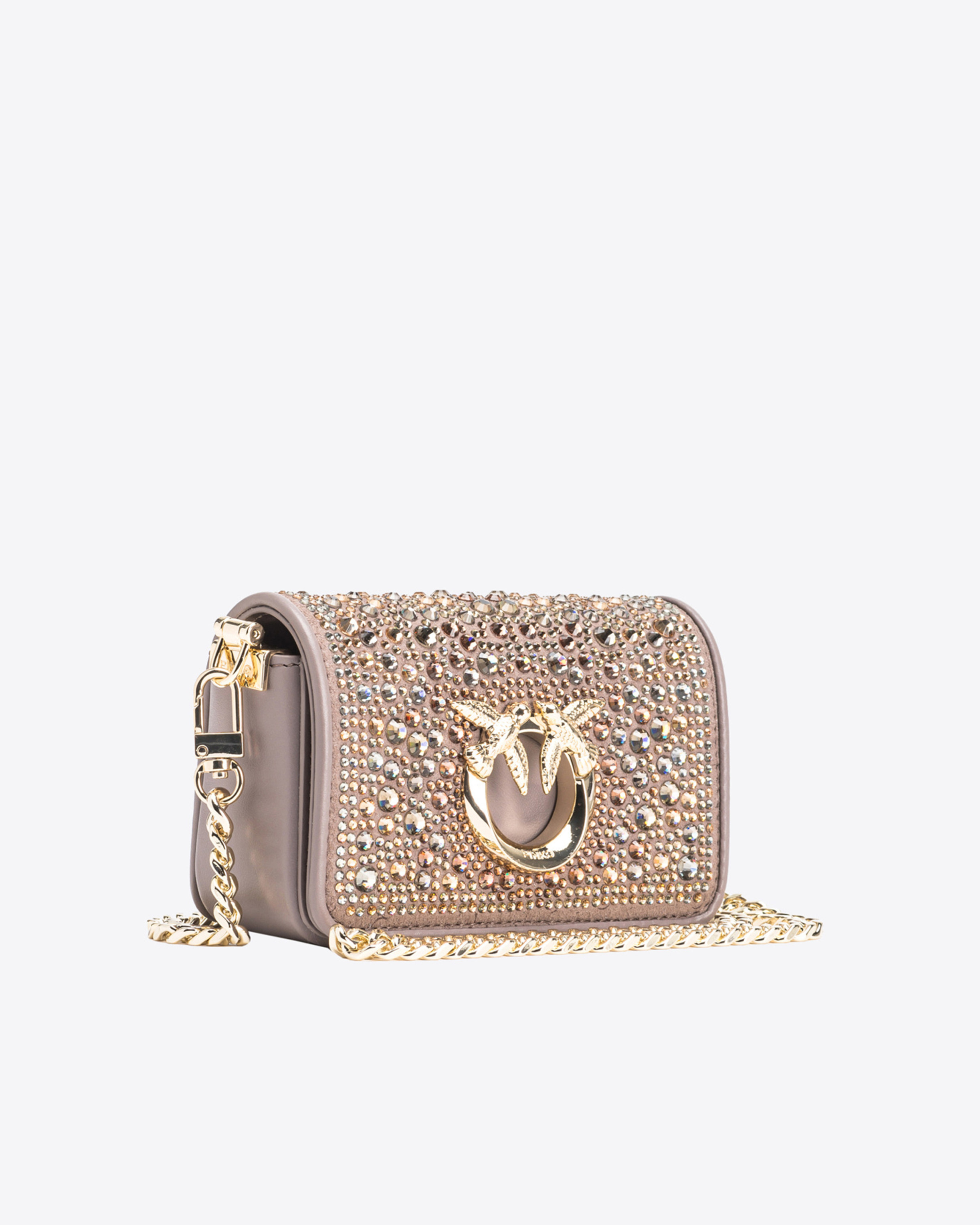 Shop Pinko Galleria Full-rhinestone Micro Love Bag Click In Beige - Fer-or Clair