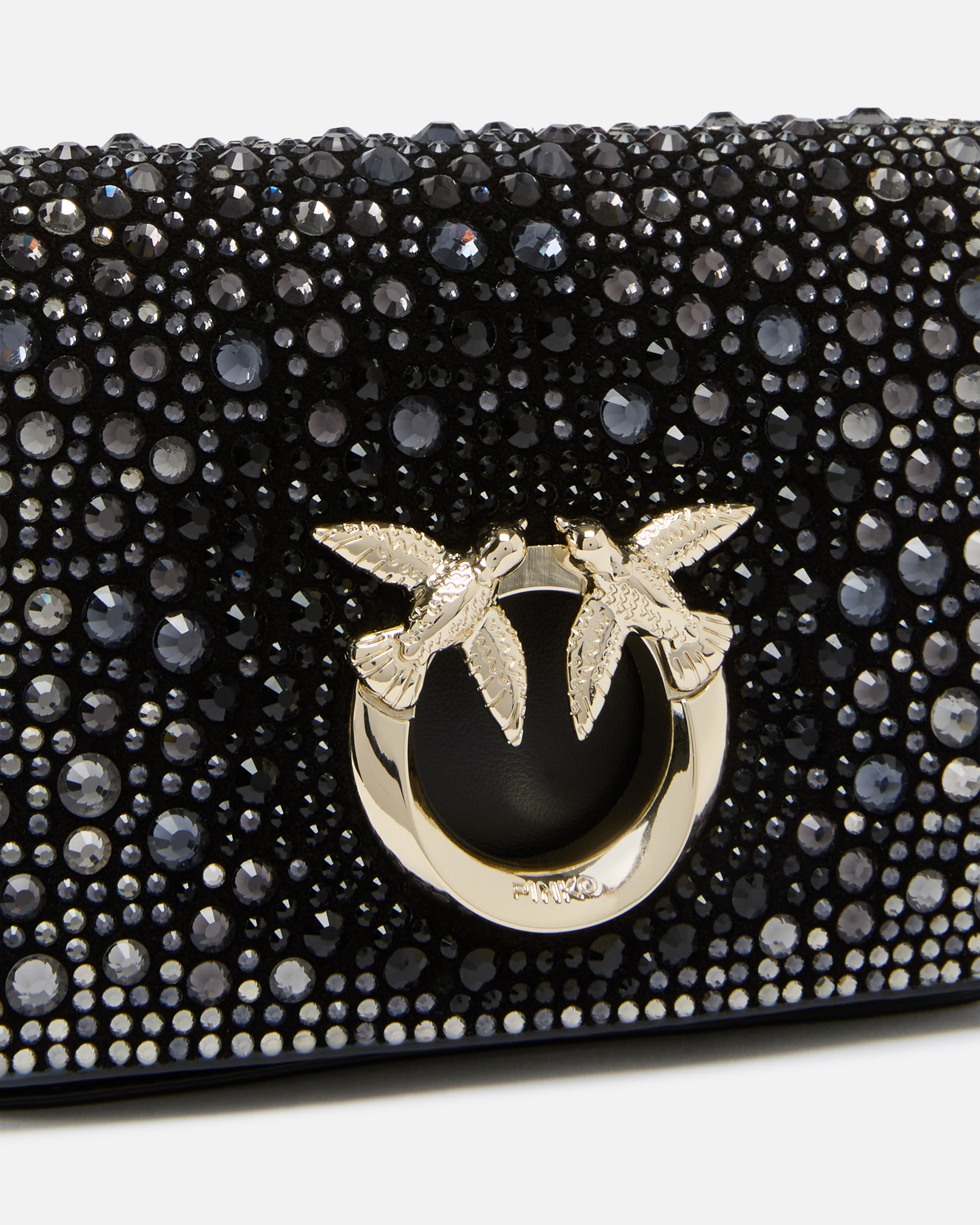 Pinko Rhinestone-detailed Micro Love Bag Clutch With Detachable Shoulder Strap In Black-light Gold
