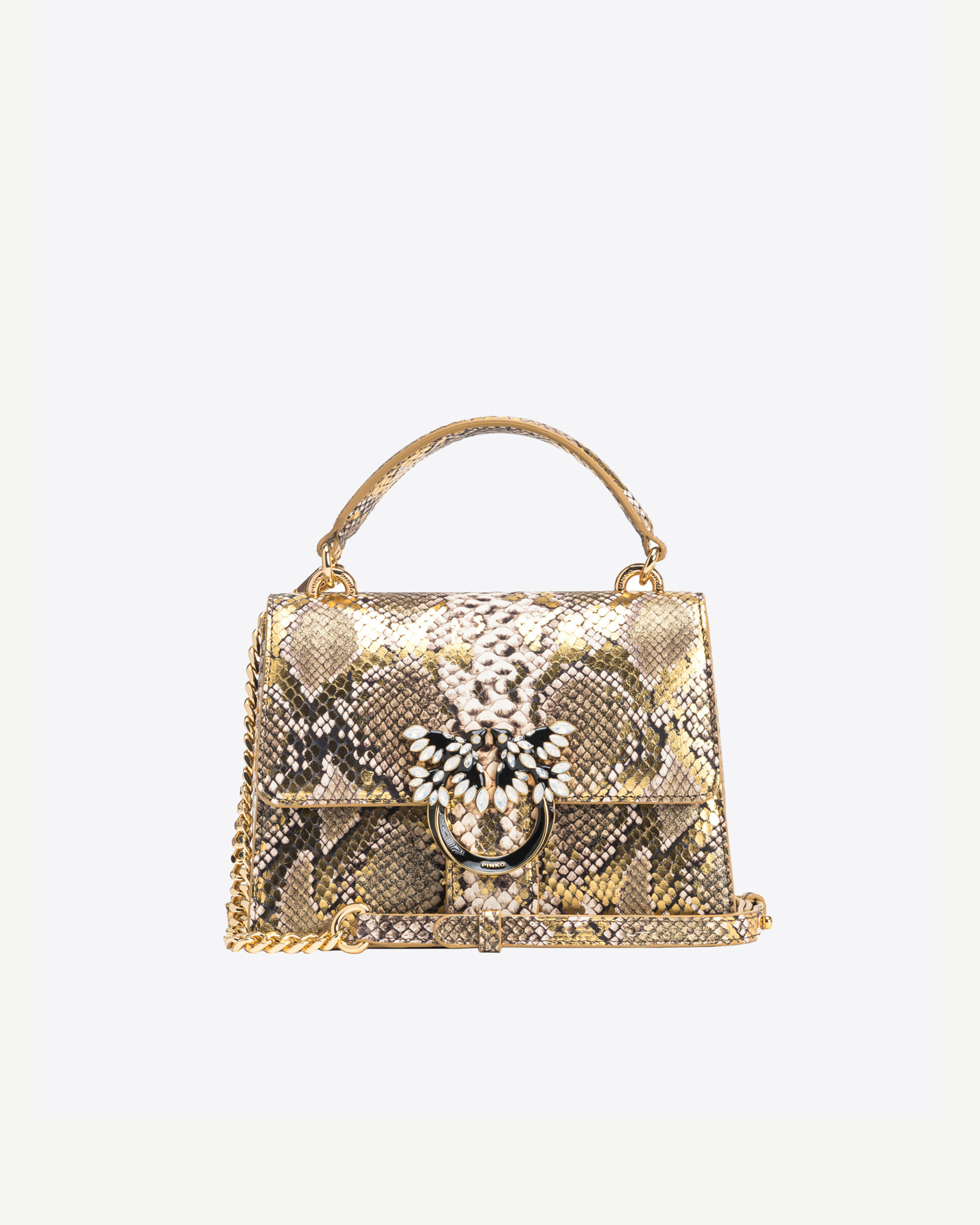 Shop Pinko Galleria Mini Love Bag Top Handle Light In Laminated Reptile-print Leather In Or/gris-or