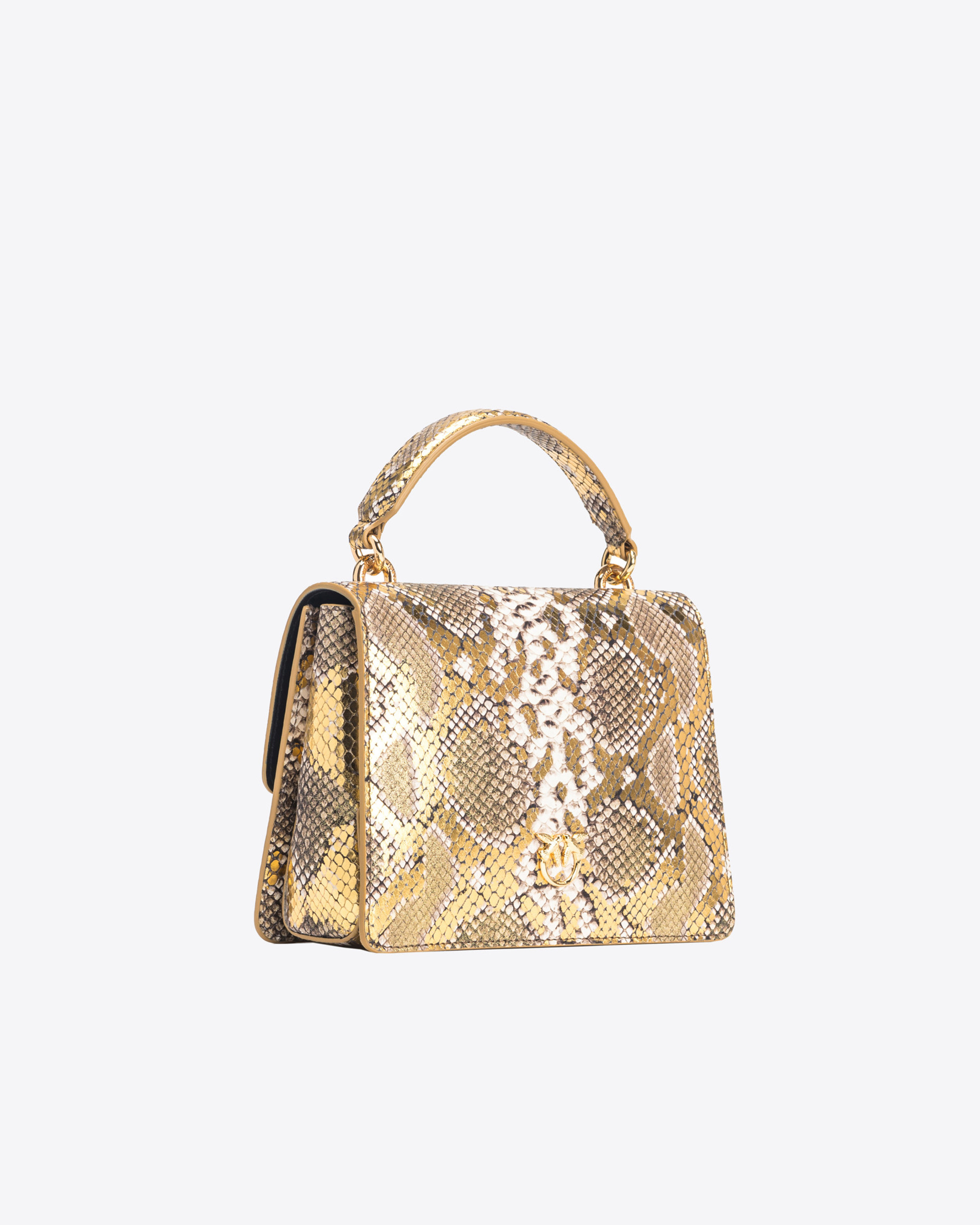 Shop Pinko Galleria Mini Love Bag Top Handle Light In Laminated Reptile-print Leather In Or/gris-or