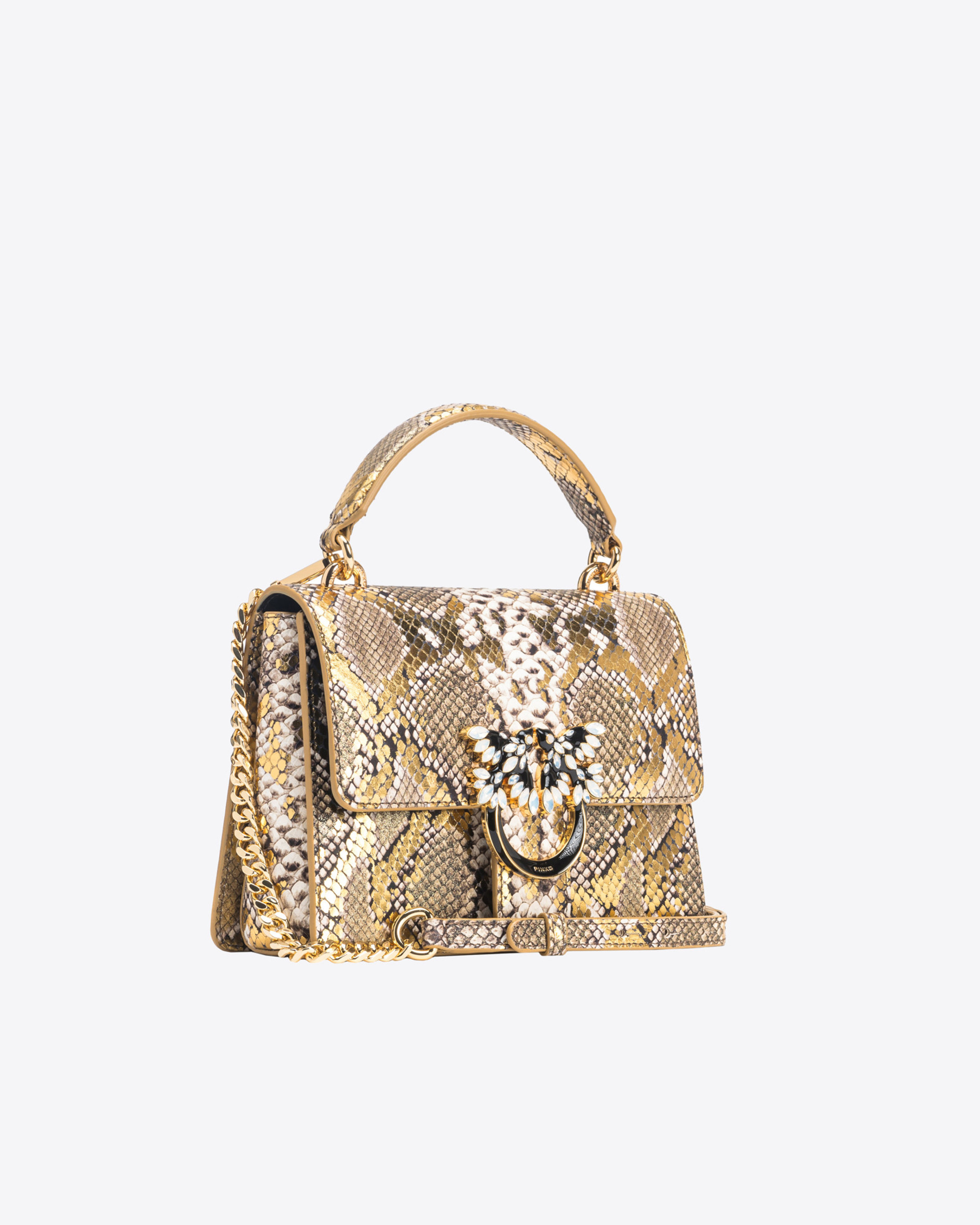 Shop Pinko Galleria Mini Love Bag Top Handle Light In Laminated Reptile-print Leather In Or/gris-or