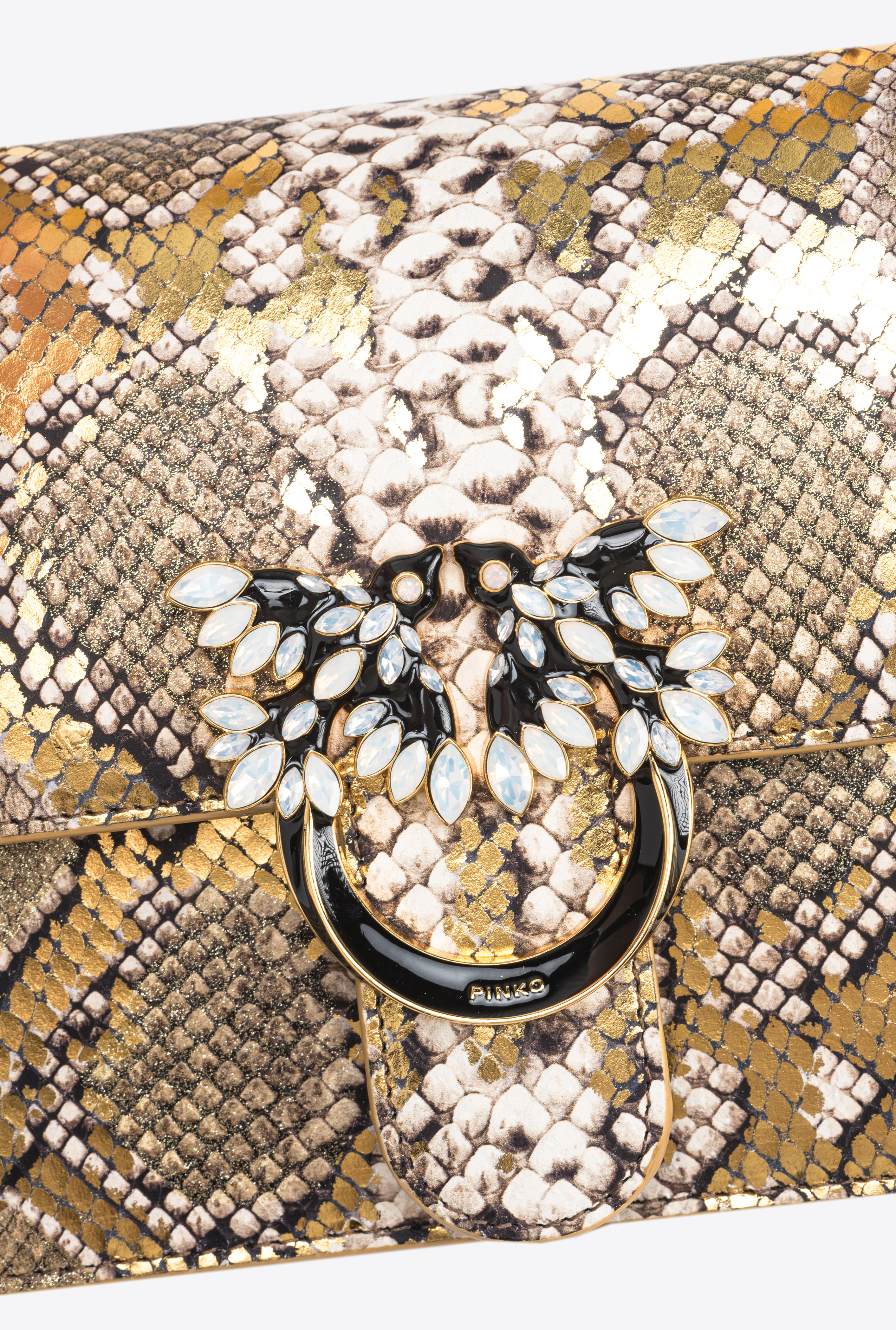 Pinko Galleria Mini Love Bag Top Handle Light In Laminated Reptile-print Leather In Or/gris-or