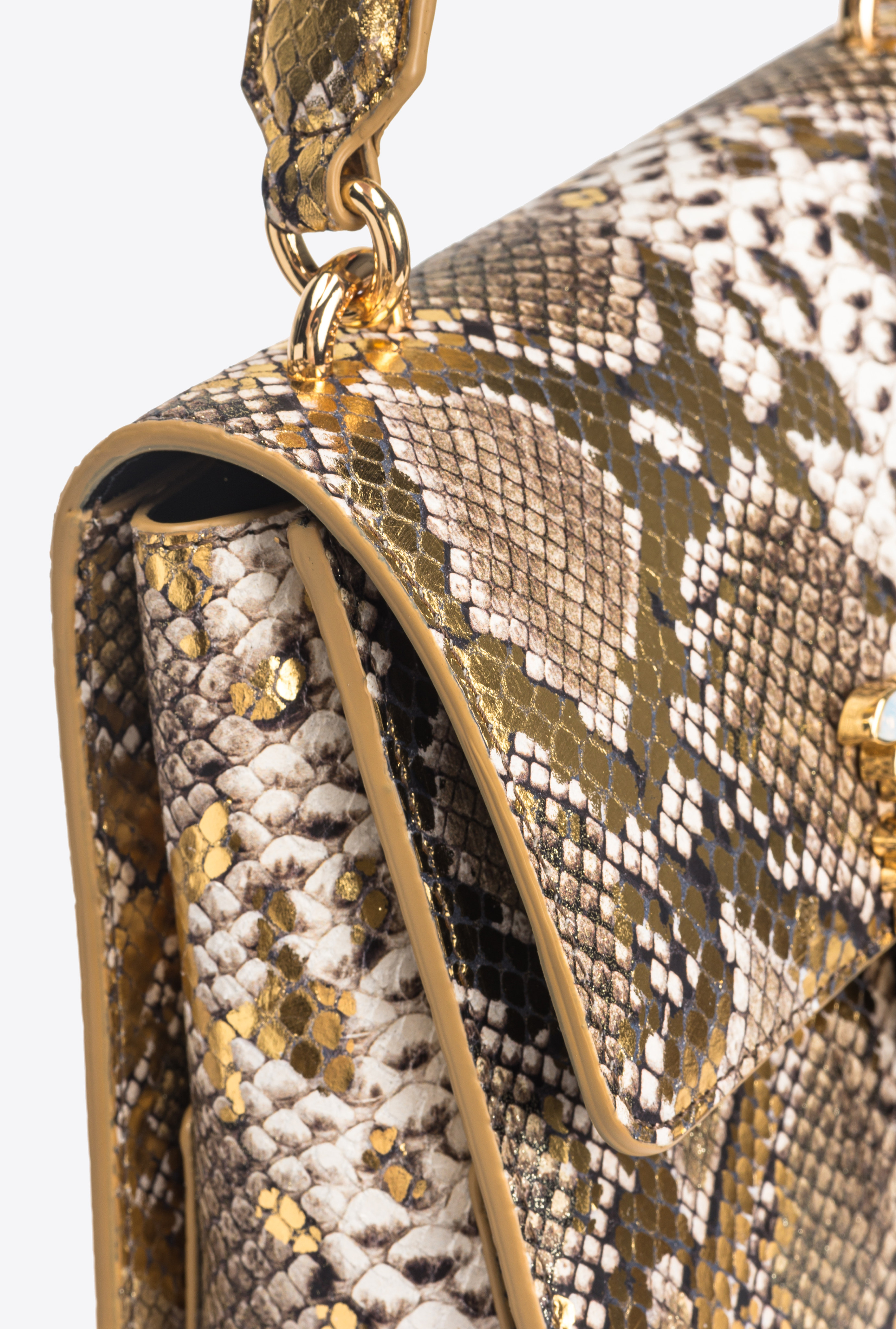 Pinko Galleria Mini Love Bag Top Handle Light In Laminated Reptile-print Leather In Or/gris-or