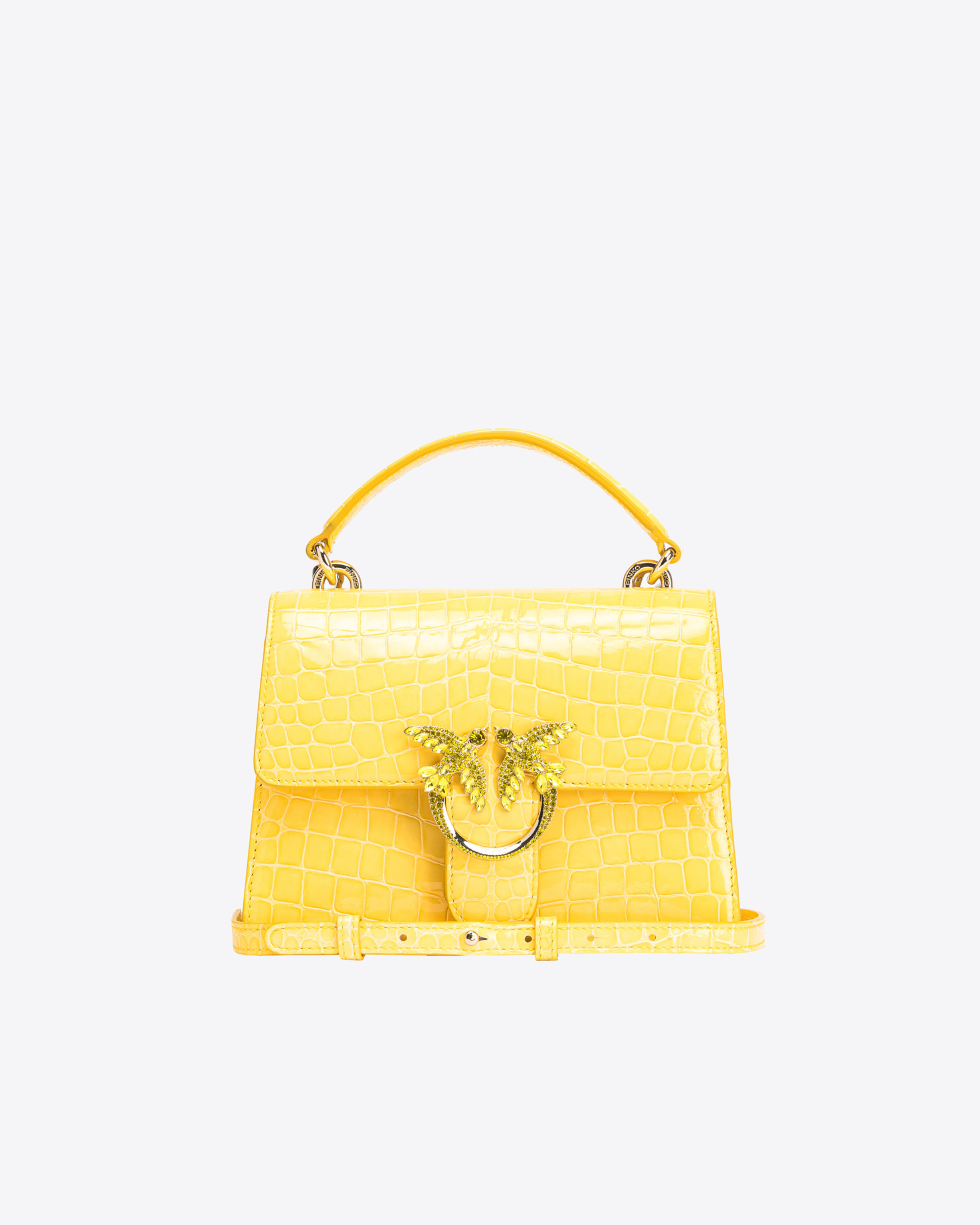 Pinko Galleria Mini Love Bag One Top Handle Light In Shiny Croc-print Leather In Yellow