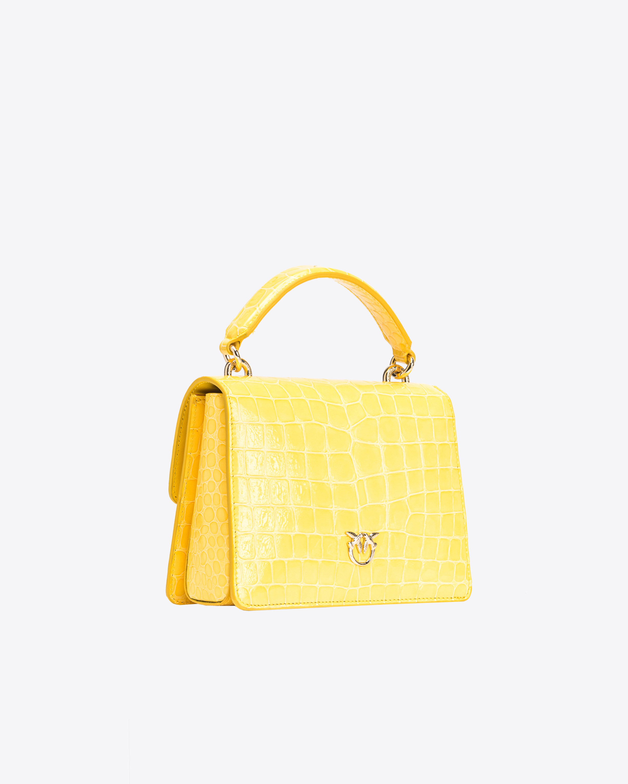 Pinko Galleria Mini Love Bag One Top Handle Light In Shiny Croc-print Leather In Jaune Soleil-or Clair