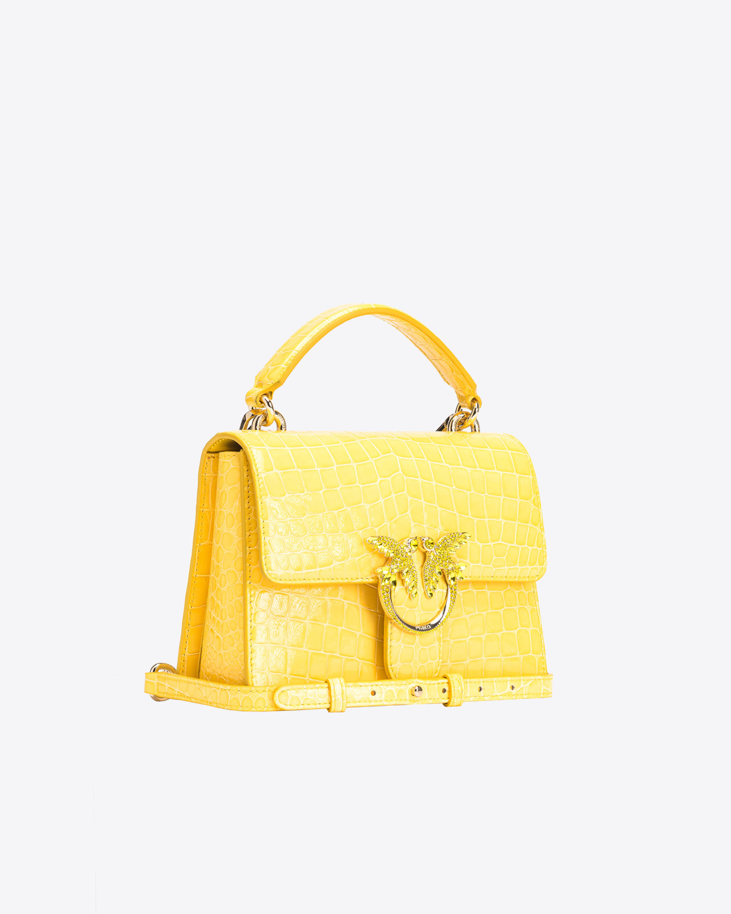 Pinko Galleria Mini Love Bag One Top Handle Light In Shiny Croc-print Leather In Jaune Soleil-or Clair