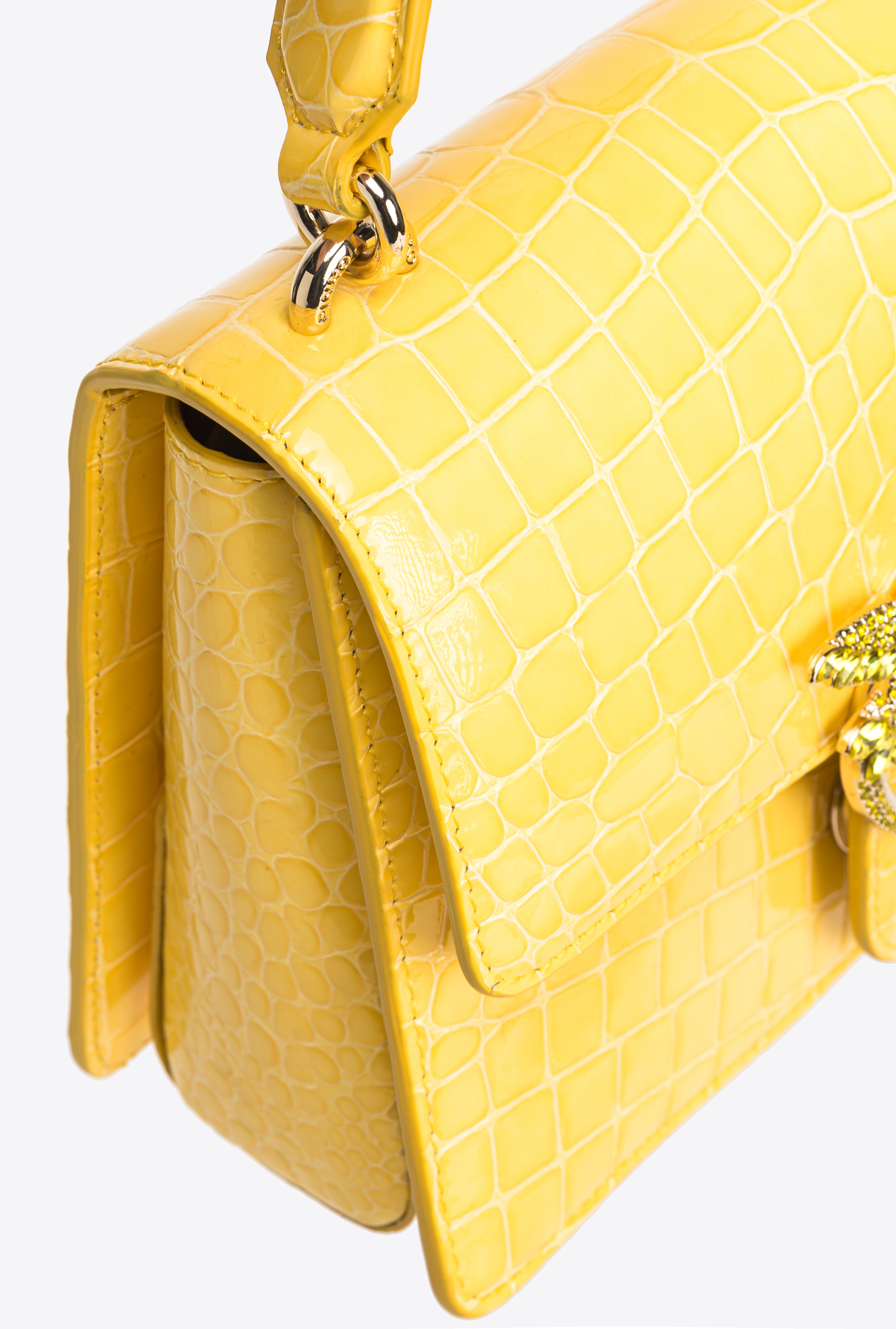 Pinko Galleria Mini Love Bag One Top Handle Light In Shiny Croc-print Leather In Jaune Soleil-or Clair
