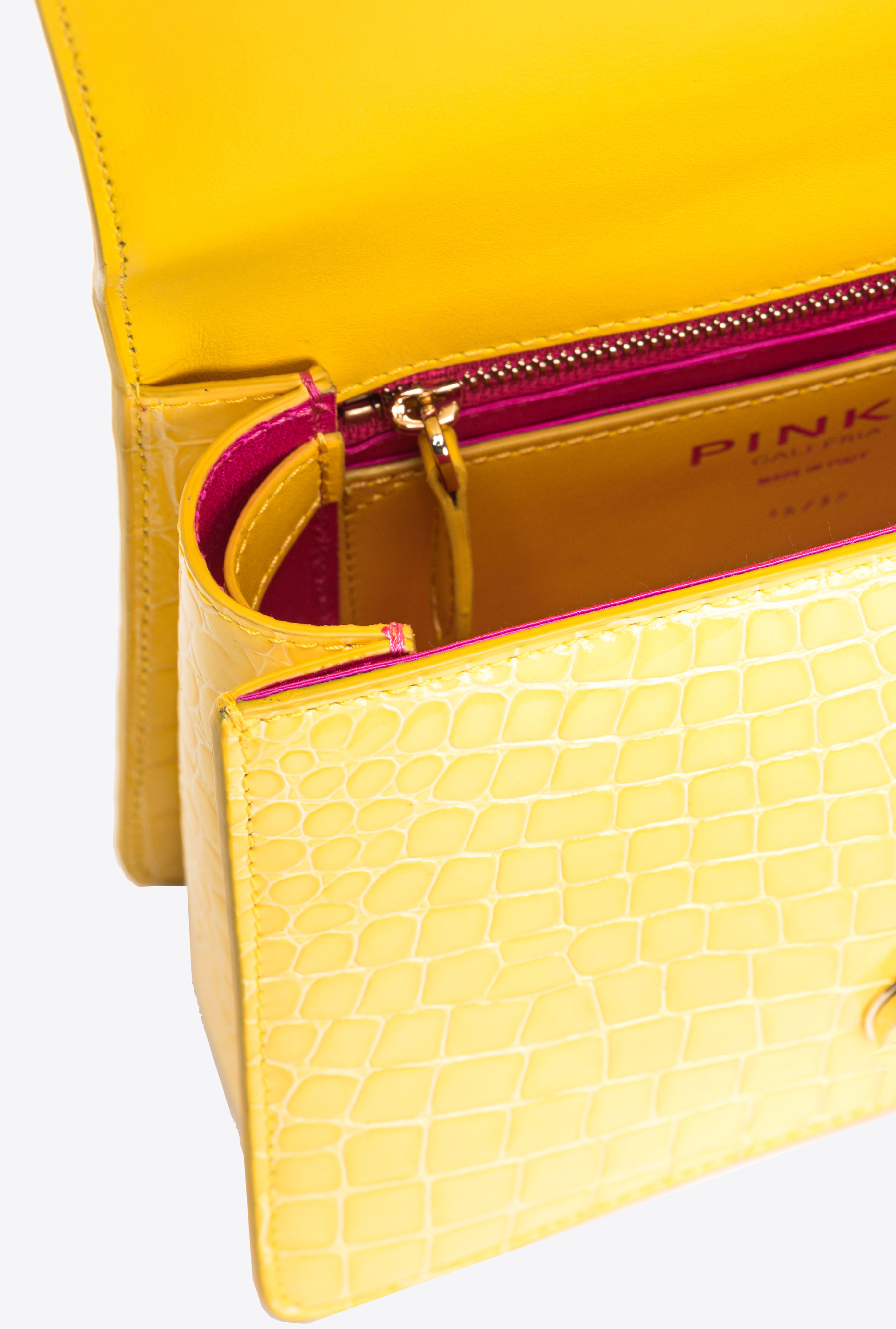 Pinko Galleria Mini Love Bag One Top Handle Light In Shiny Croc-print Leather In Jaune Soleil-or Clair