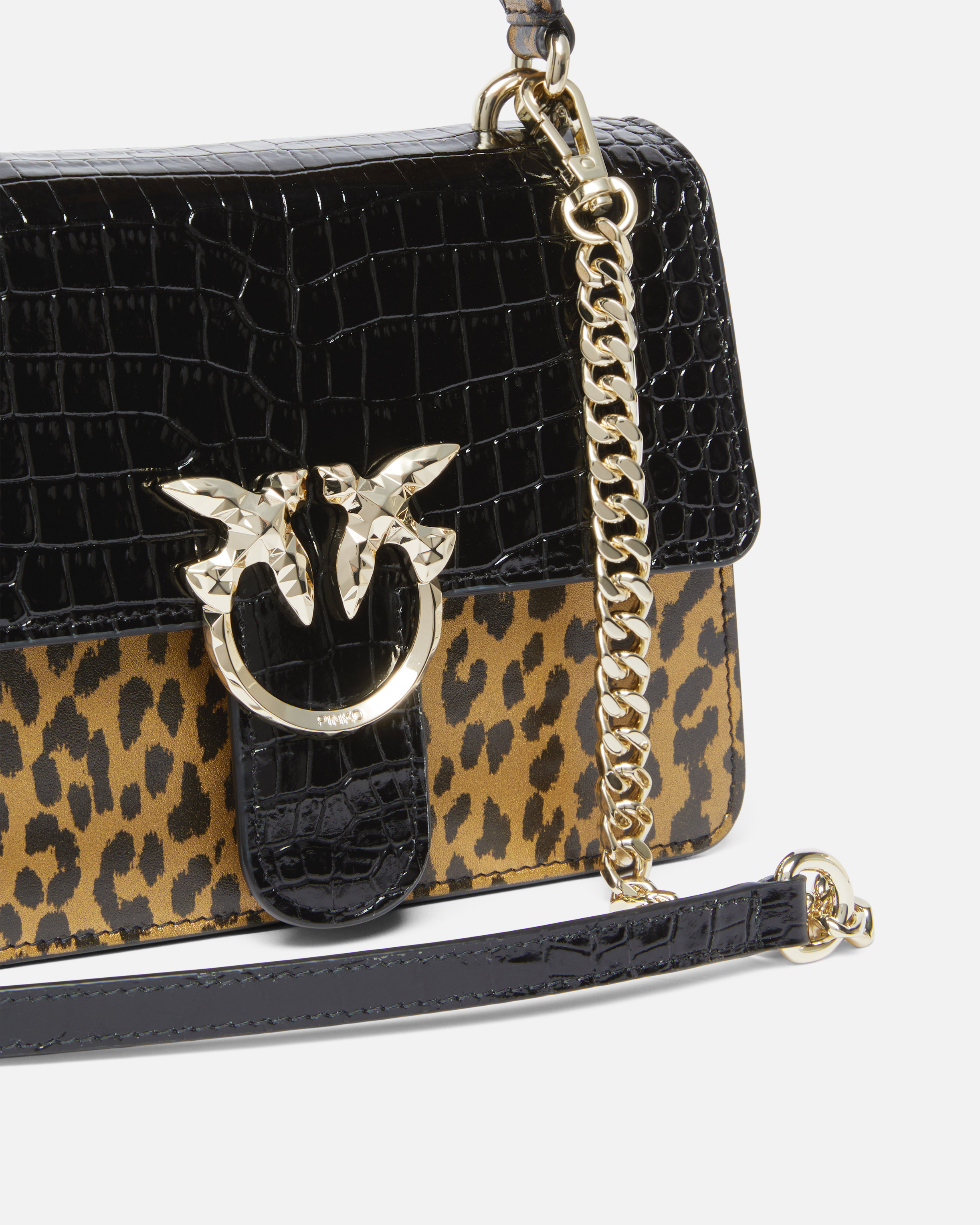 Pinko Galleria Animal And Croc-print Bag With Shoulder Strap In Noir/or-or Clair