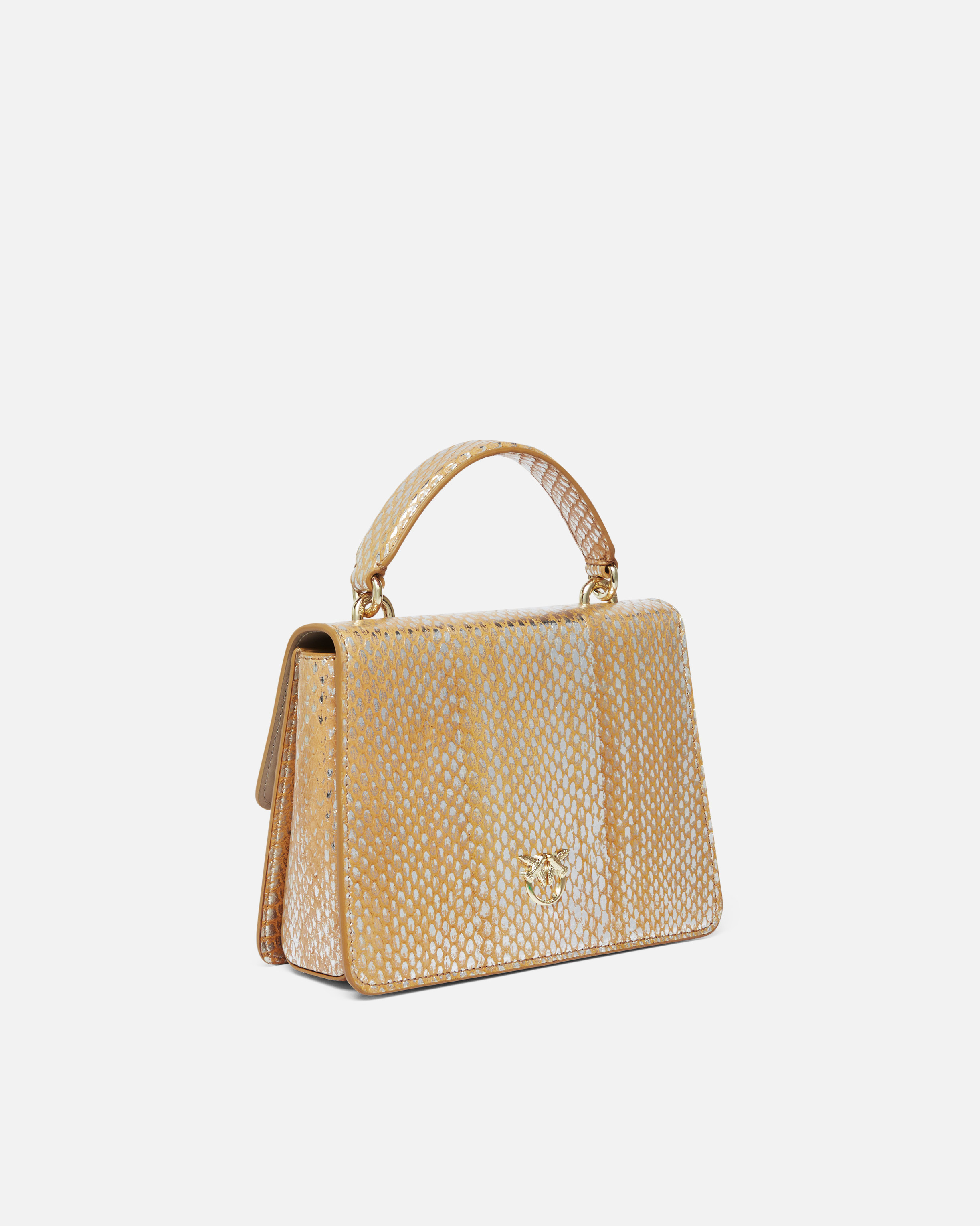 Pinko Galleria Laminated Reptile Skin Bag With Shoulder Strap And Handle In Or/argent-or Clair