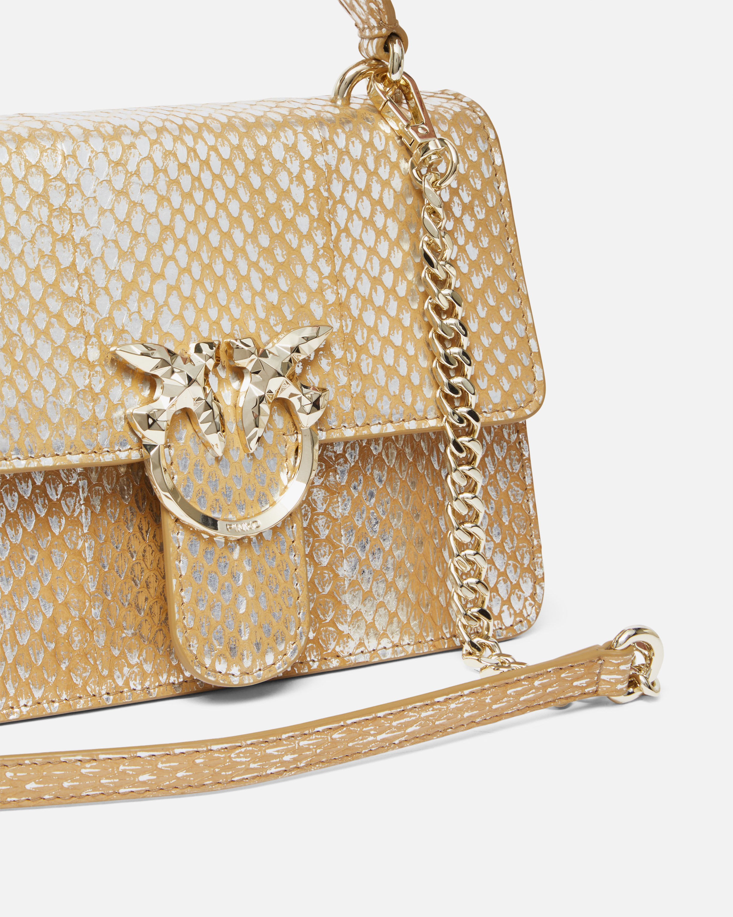 Pinko Galleria Laminated Reptile Skin Bag With Shoulder Strap And Handle In Or/argent-or Clair