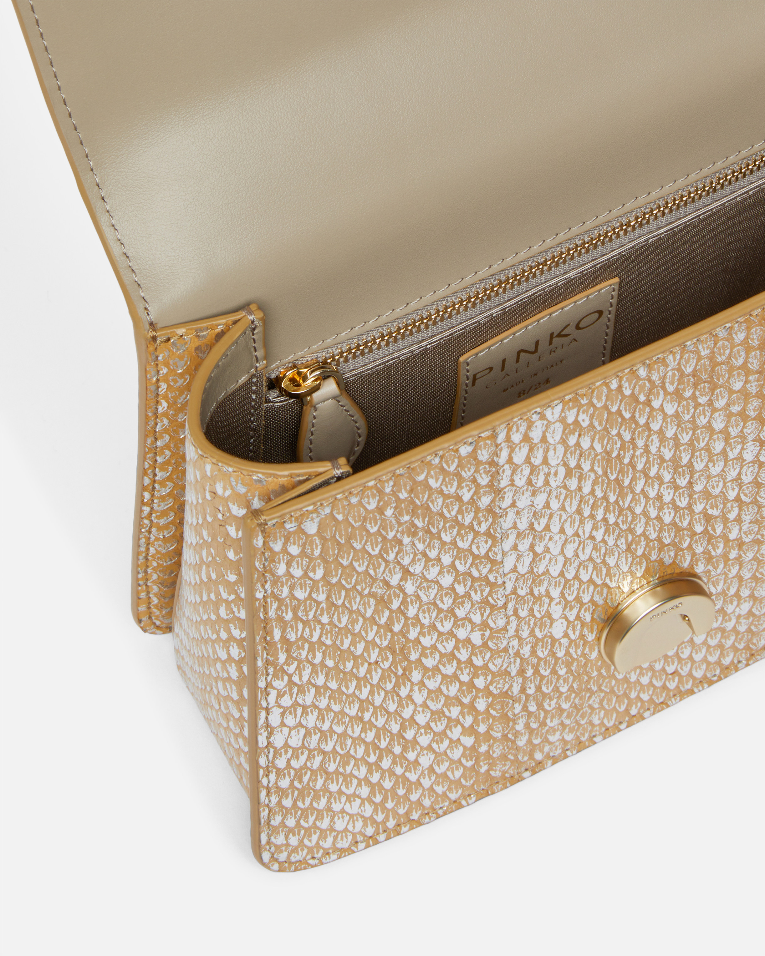 Pinko Galleria Laminated Reptile Skin Bag With Shoulder Strap And Handle In Or/argent-or Clair