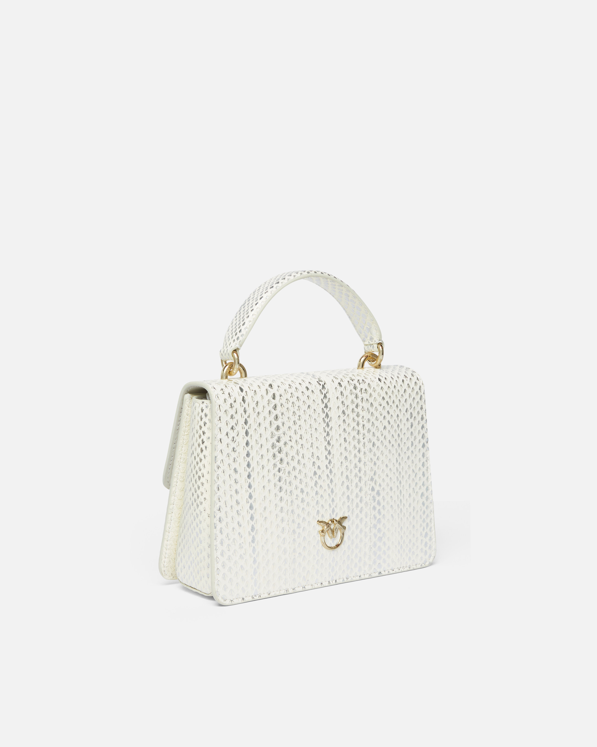 Pinko Galleria Laminated Reptile Skin Bag With Shoulder Strap And Handle In Blanc/argent-or Clair