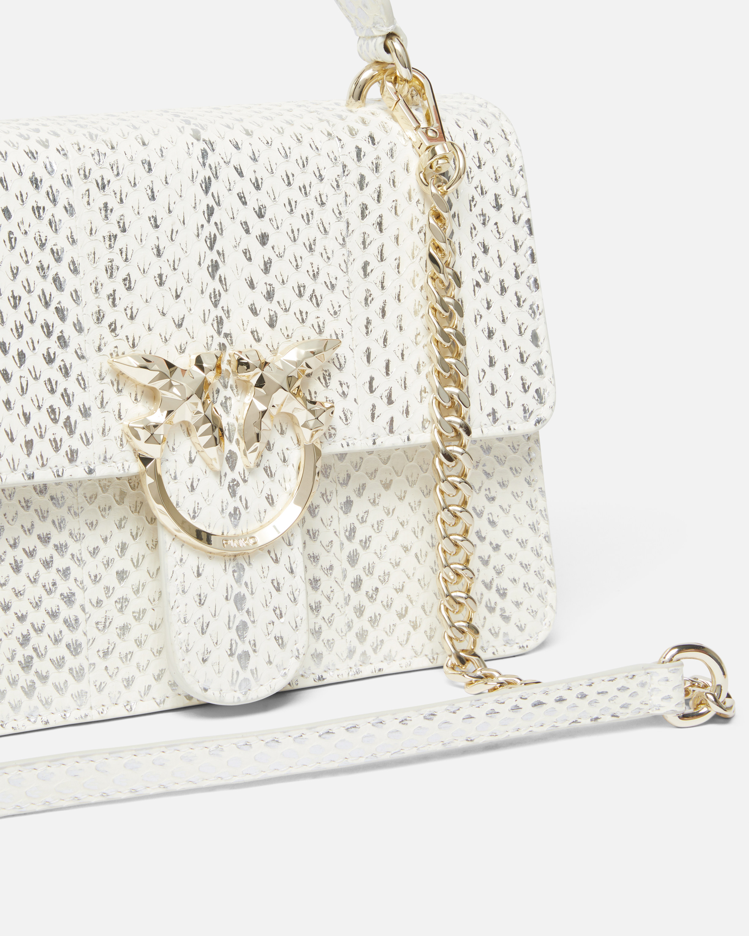 Pinko Galleria Laminated Reptile Skin Bag With Shoulder Strap And Handle In Blanc/argent-or Clair