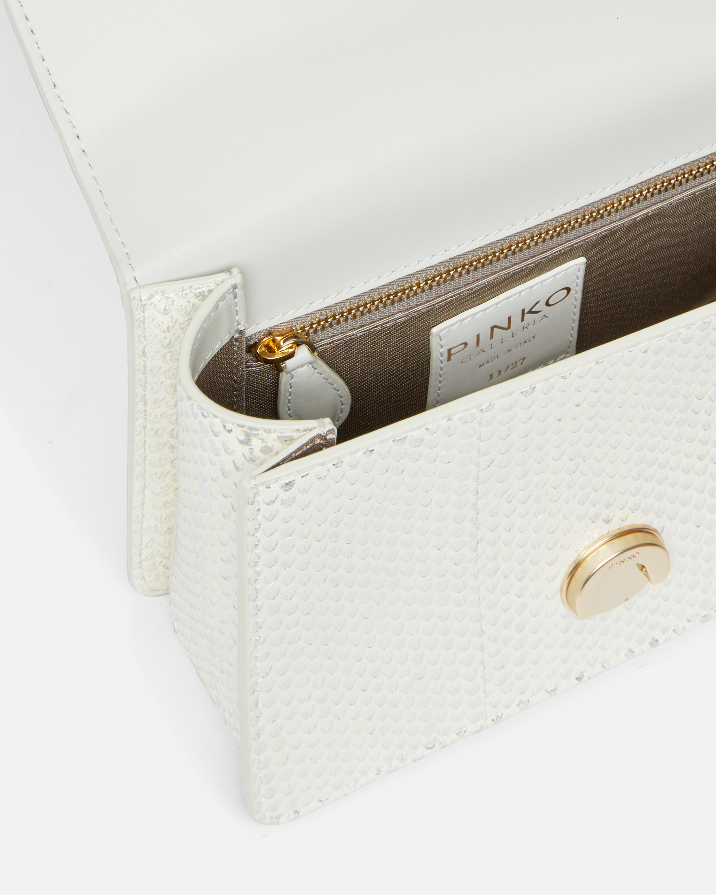 Pinko Galleria Laminated Reptile Skin Bag With Shoulder Strap And Handle In Blanc/argent-or Clair