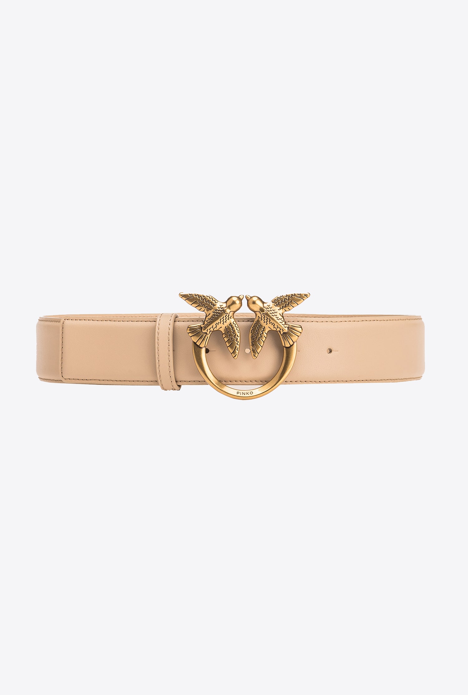 Pinko Love Birds High Leather Belt 4cm In Sand-antique Gold