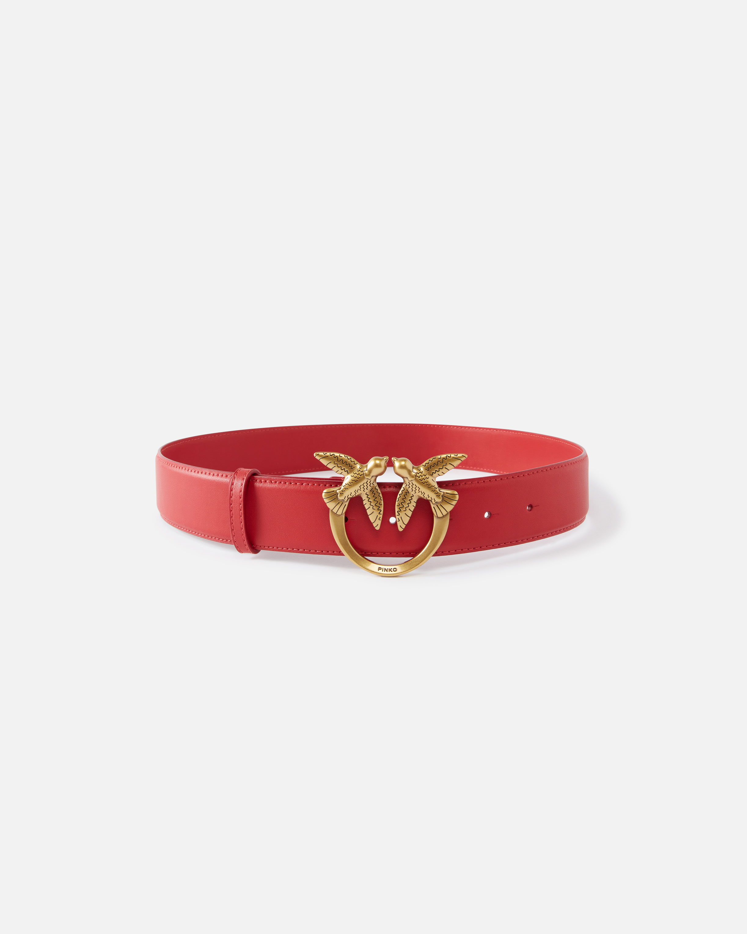 Pinko Love Birds Leather Belt In Red-antique Gold
