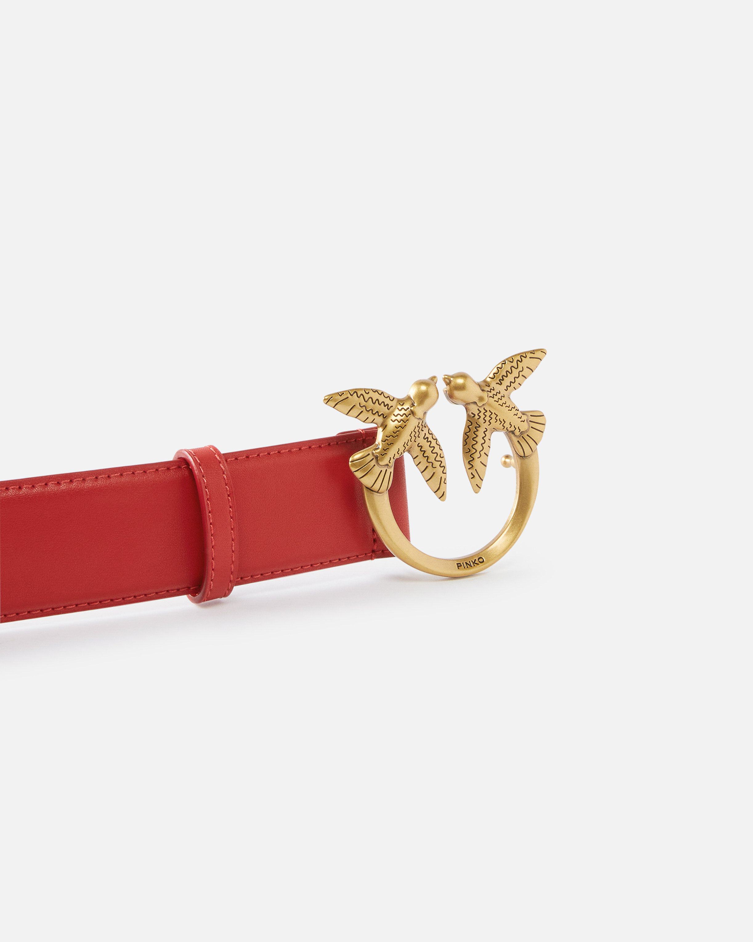Pinko Love Birds Leather Belt In Red-antique Gold