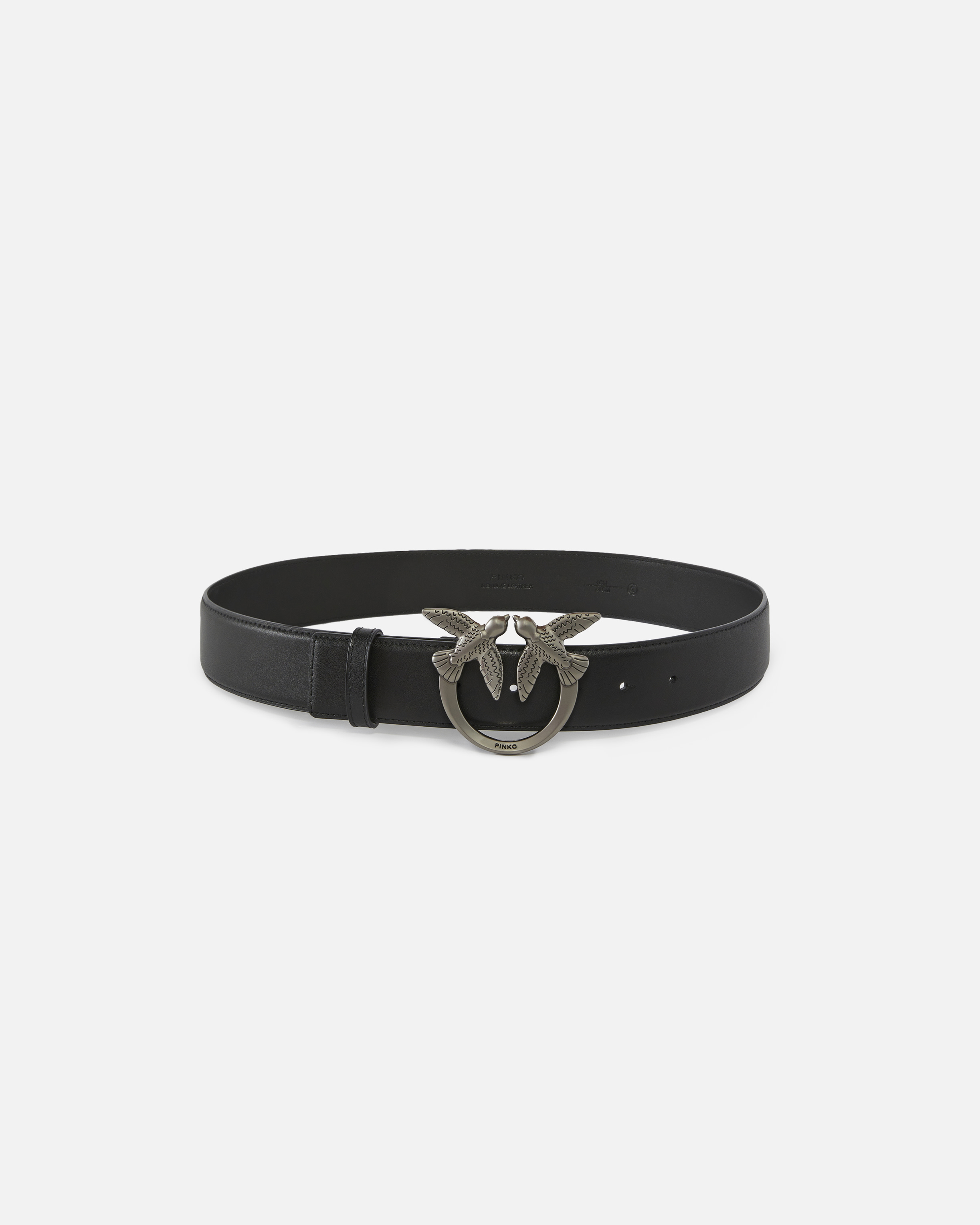 Pinko Love Birds High Leather Belt 4cm In Noir-vieil Argent