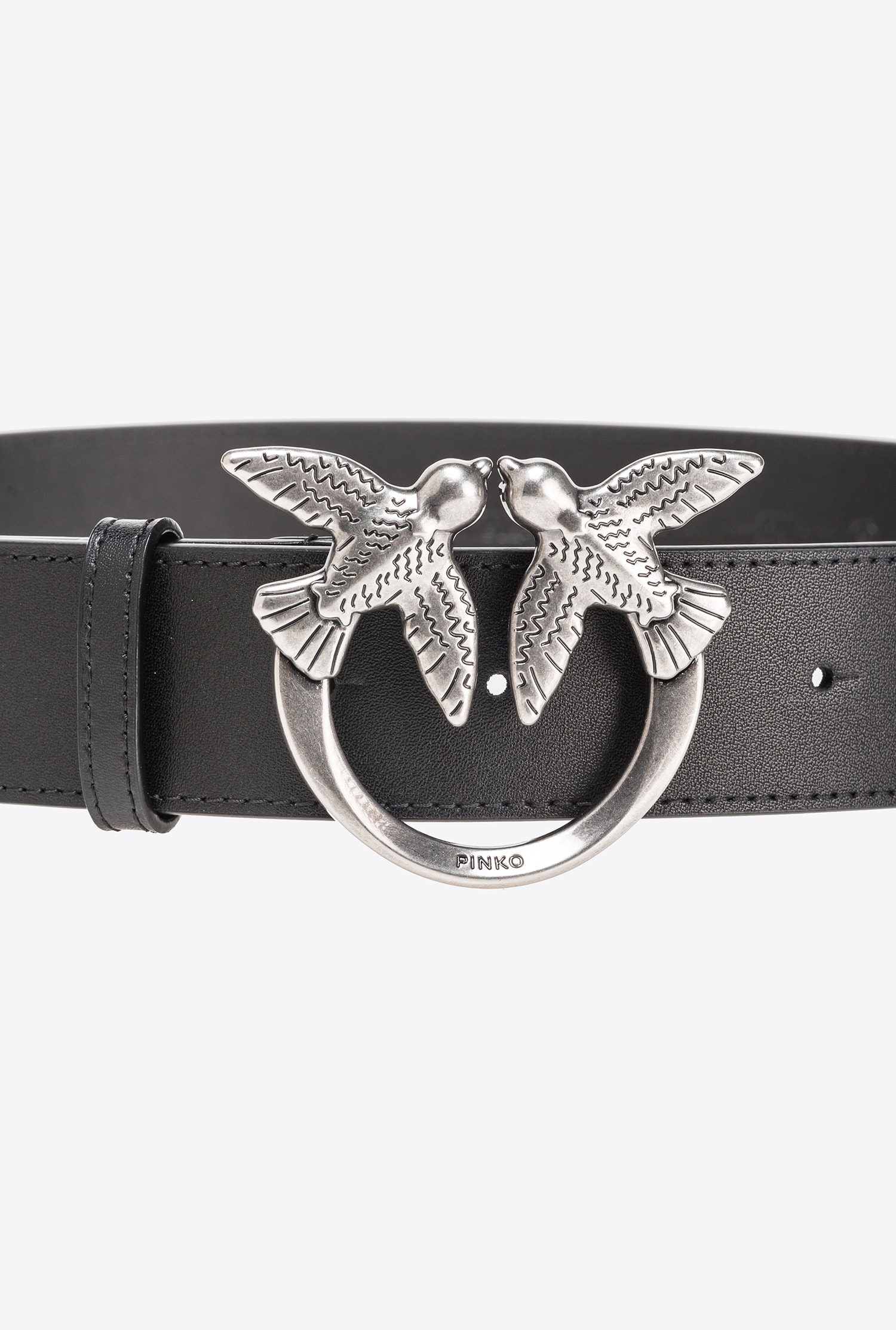 Shop Pinko Love Birds High Leather Belt 4cm In Noir-vieil Argent