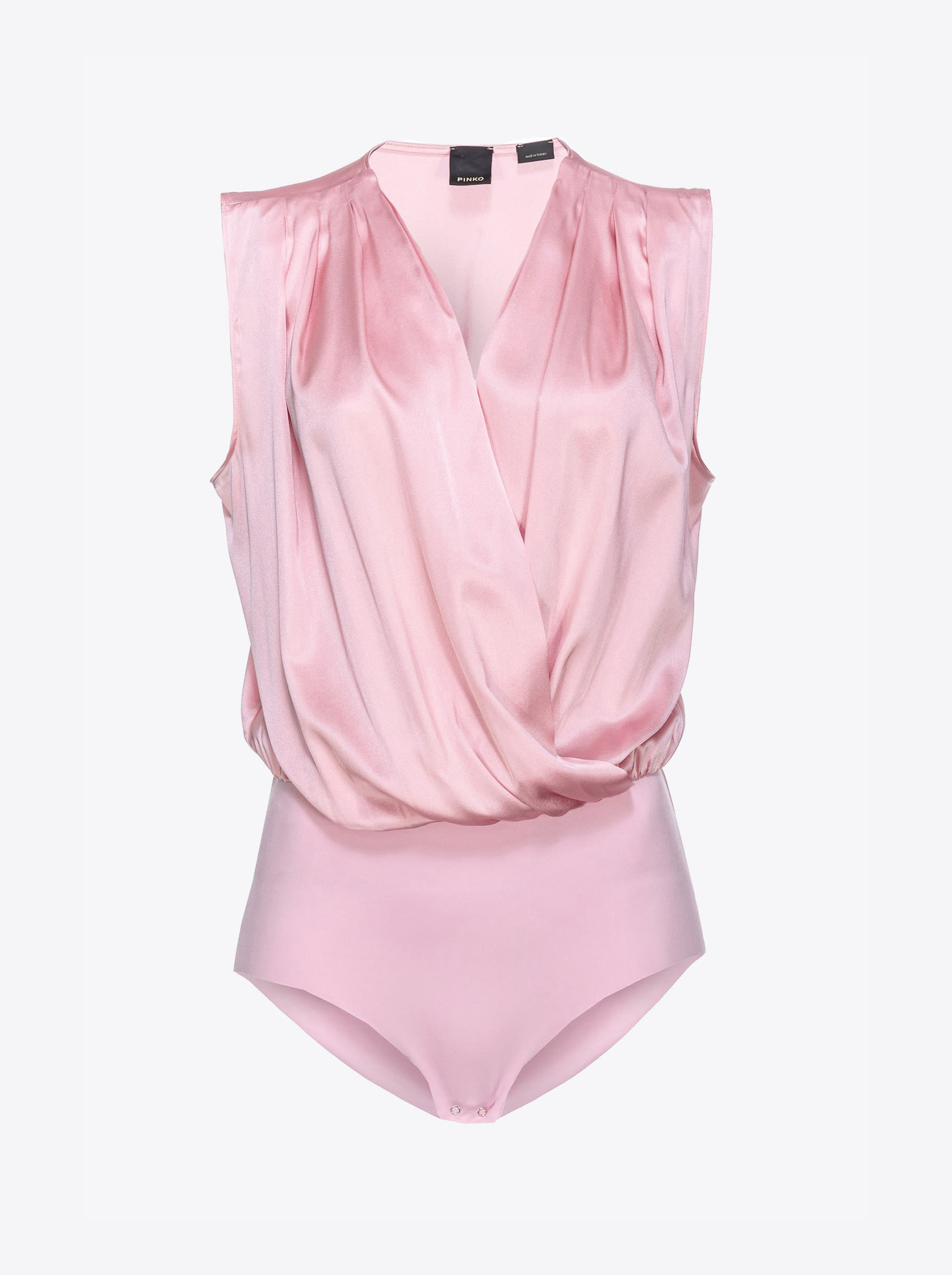 Shop Pinko Stretch Satin Wrap-front Bodysuit In Fumo Orchidea