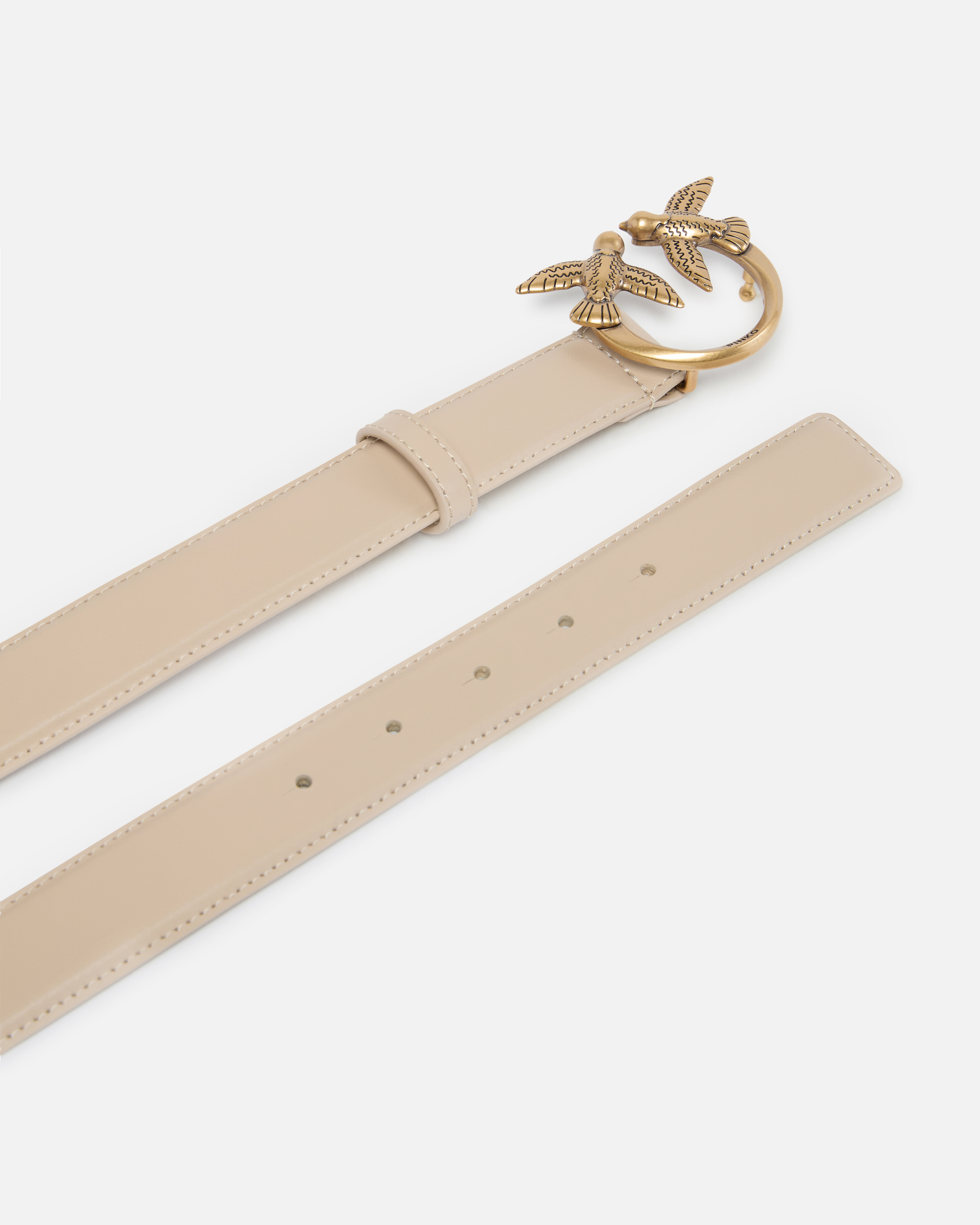 Pinko Ceinture Love Birds En Cuir 3cm In Beige-smoke Grey-antique Gold