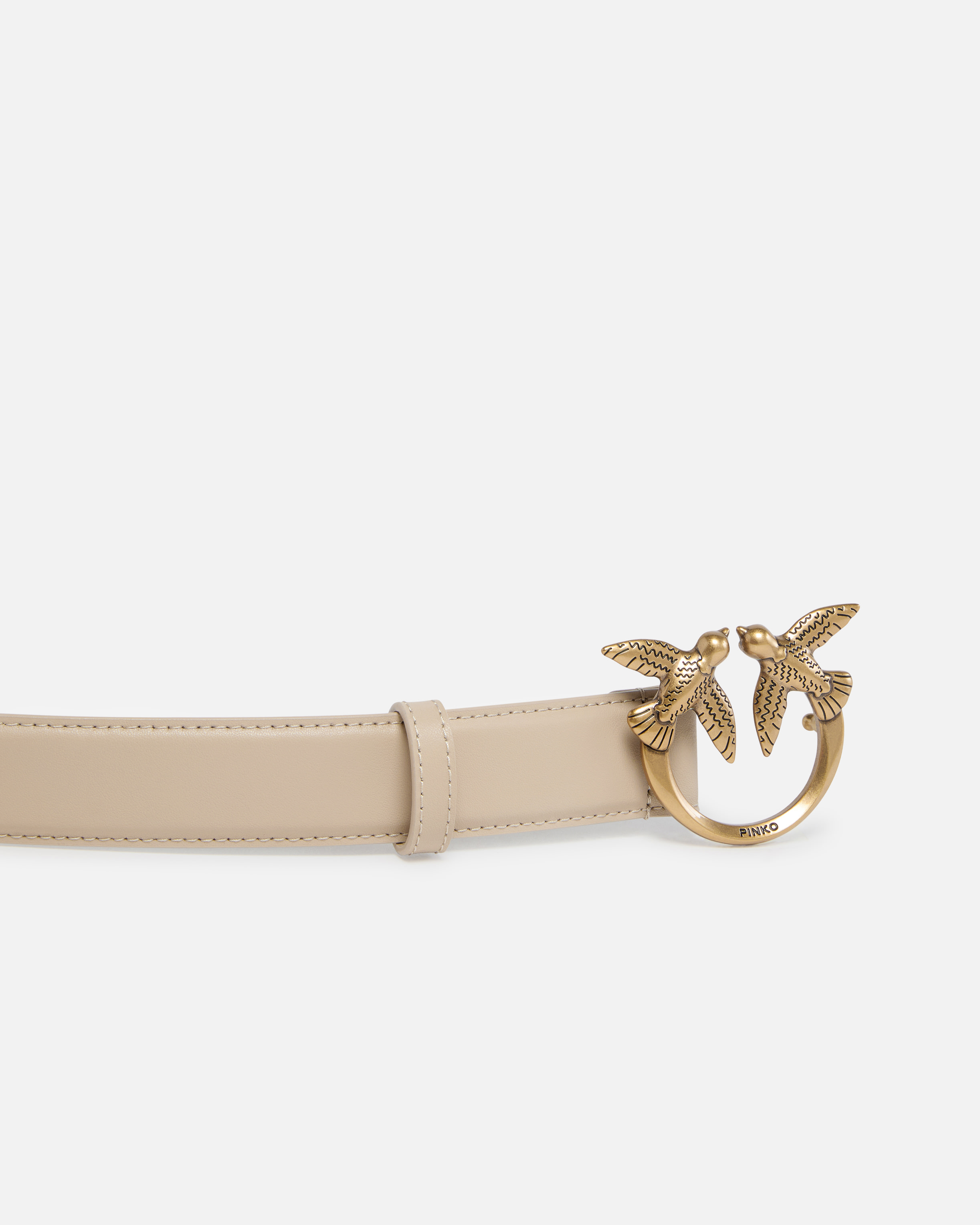 Pinko Ceinture Love Birds En Cuir 3cm In Beige-smoke Grey-antique Gold