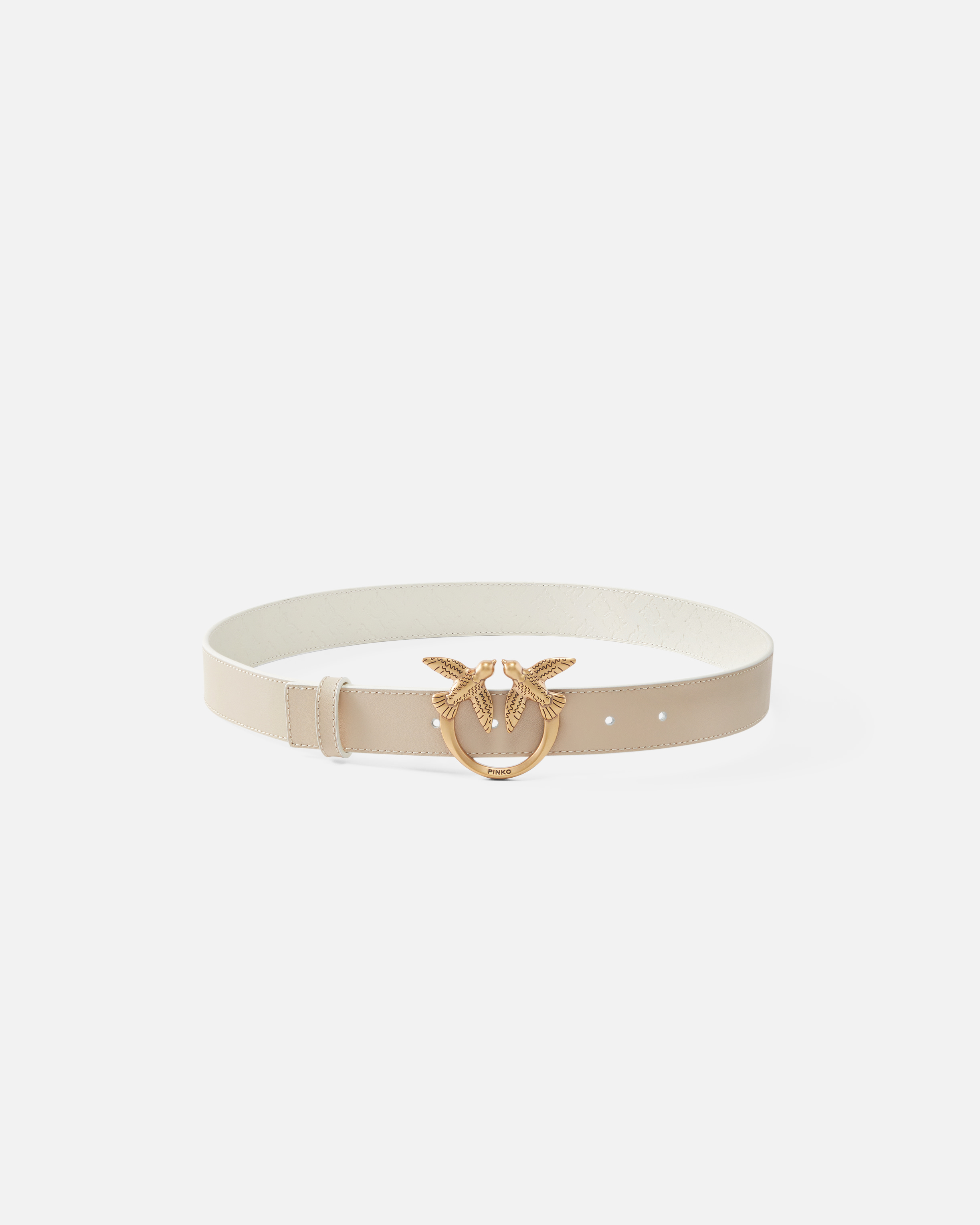 Pinko Double-face Belt With Love Birds Buckle In Sable/blanc-or Antique
