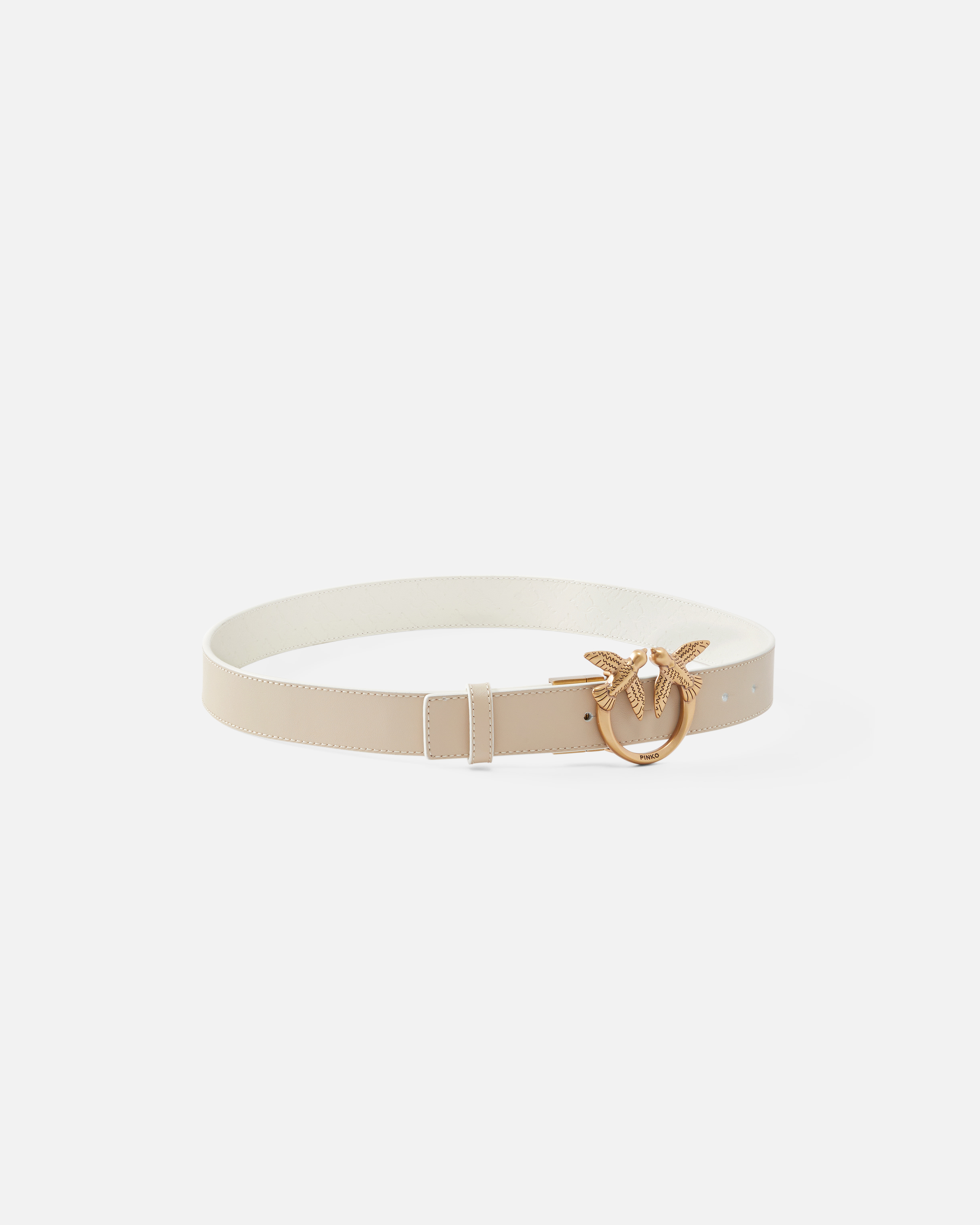 Pinko Double-face Belt With Love Birds Buckle In Sable/blanc-or Antique