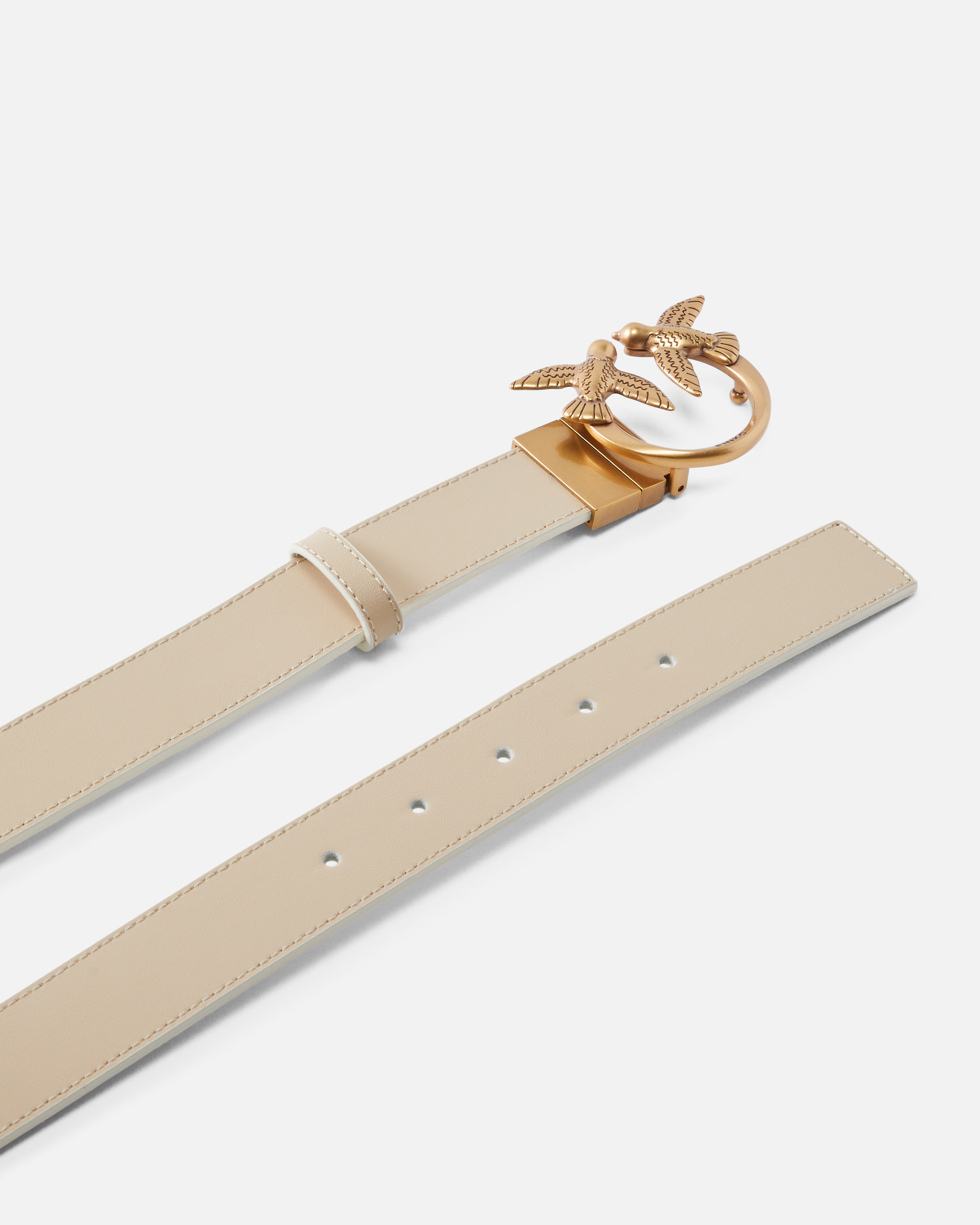 Pinko Double-face Belt With Love Birds Buckle In Sable/blanc-or Antique