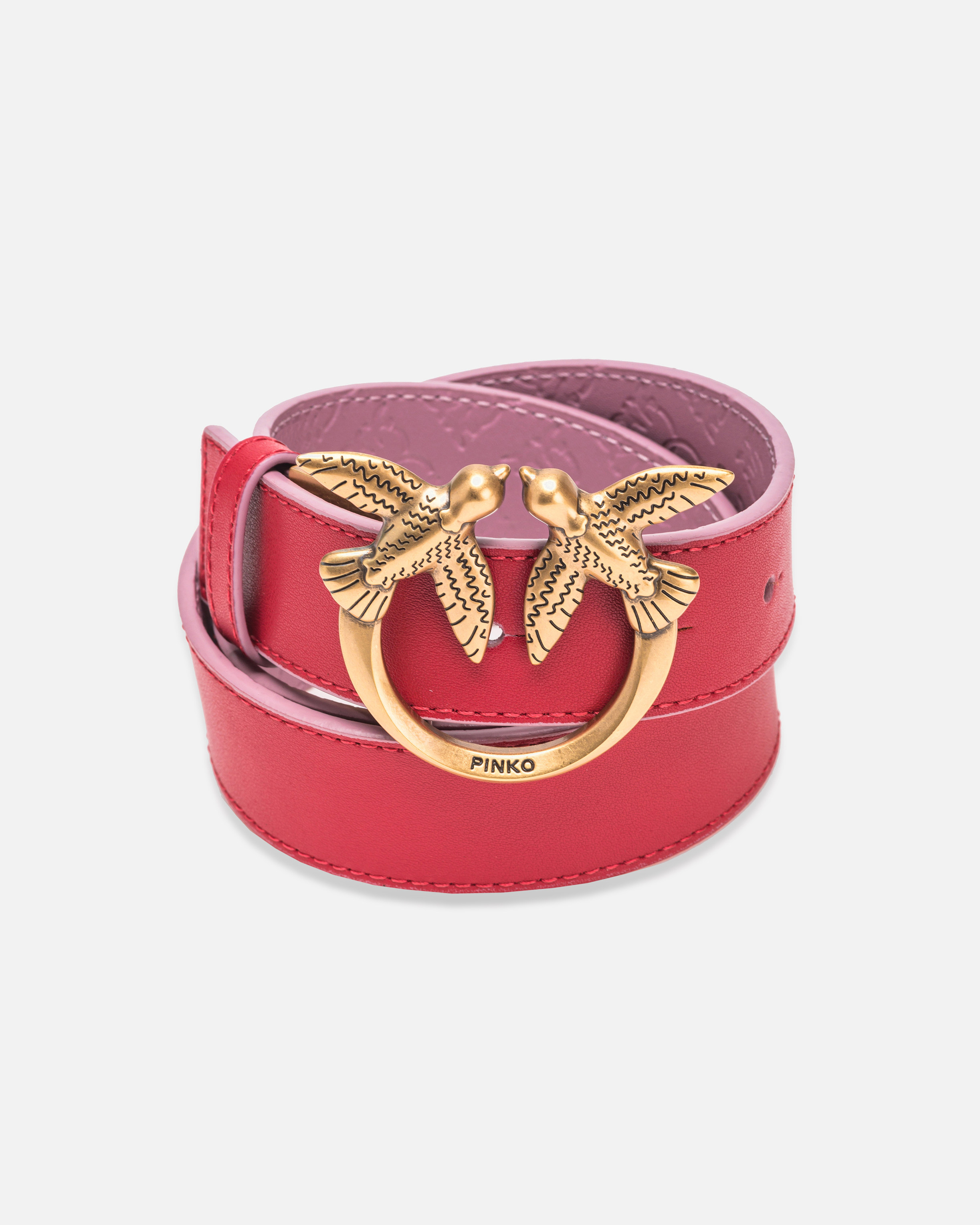 Pinko Double-face Belt With Love Birds Buckle In Red/pink-antique Gold