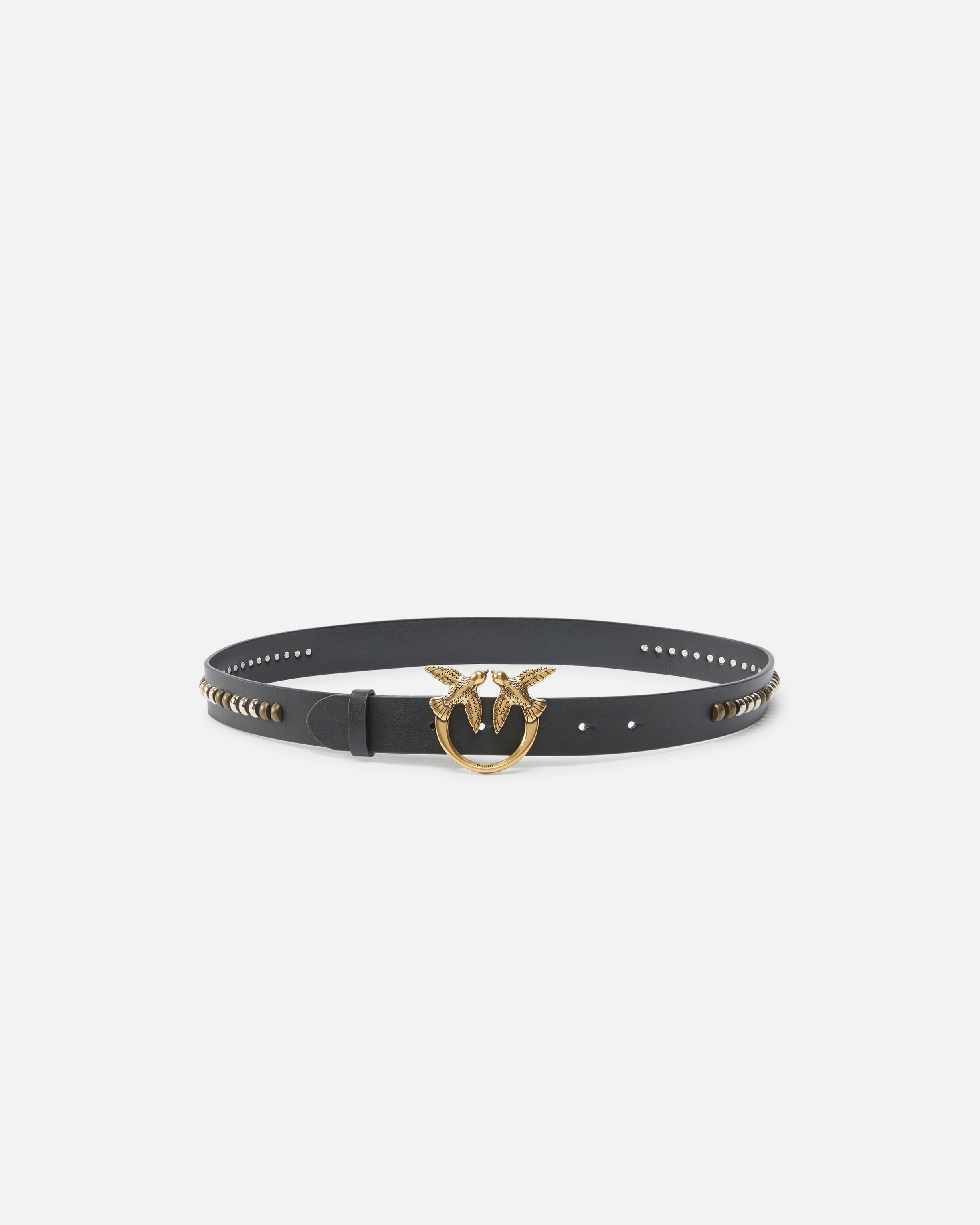 Pinko Leather Belt With Studded Birds Buckle In Nero-antique Gold