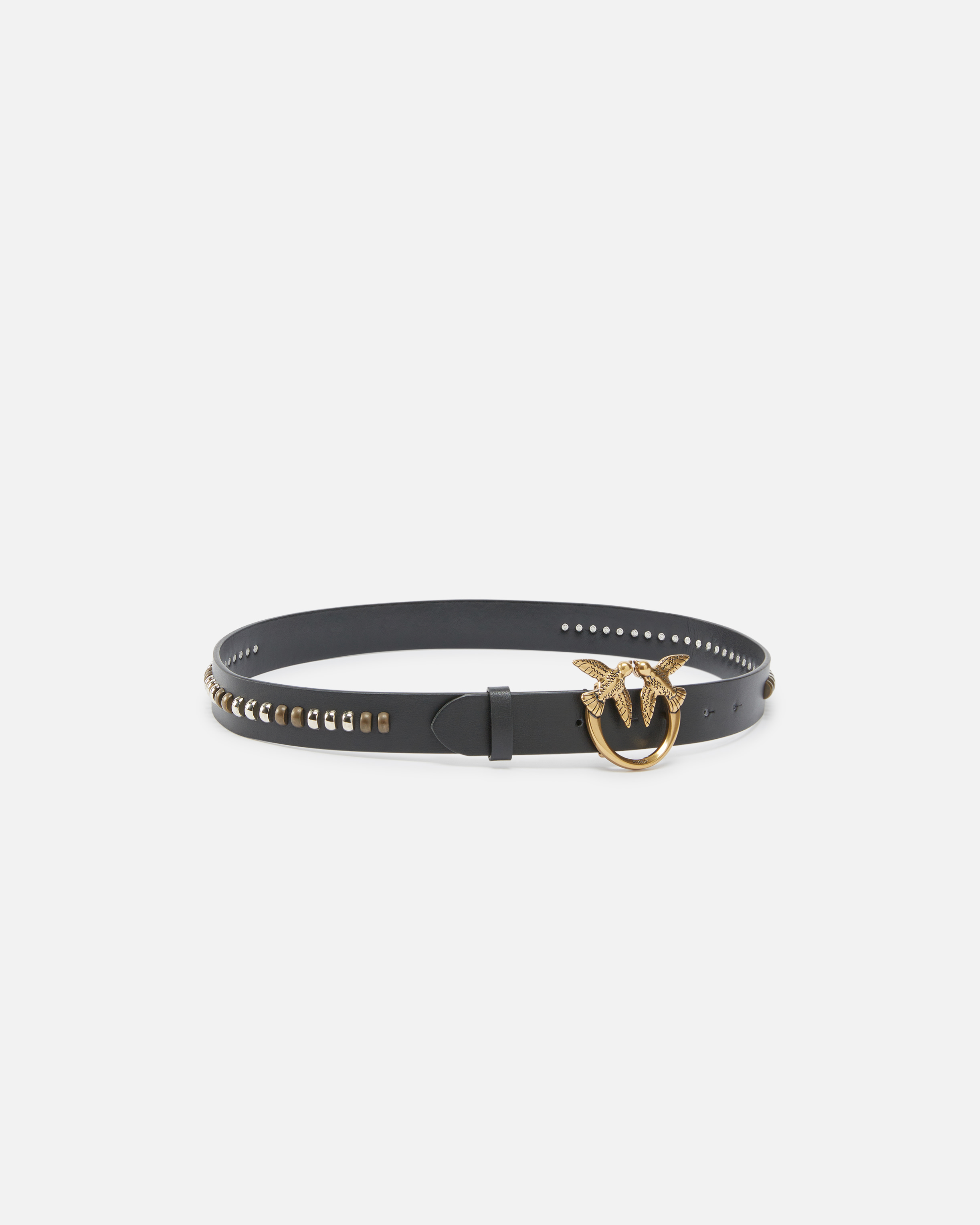 Pinko Leather Belt With Studded Birds Buckle In Nero-antique Gold