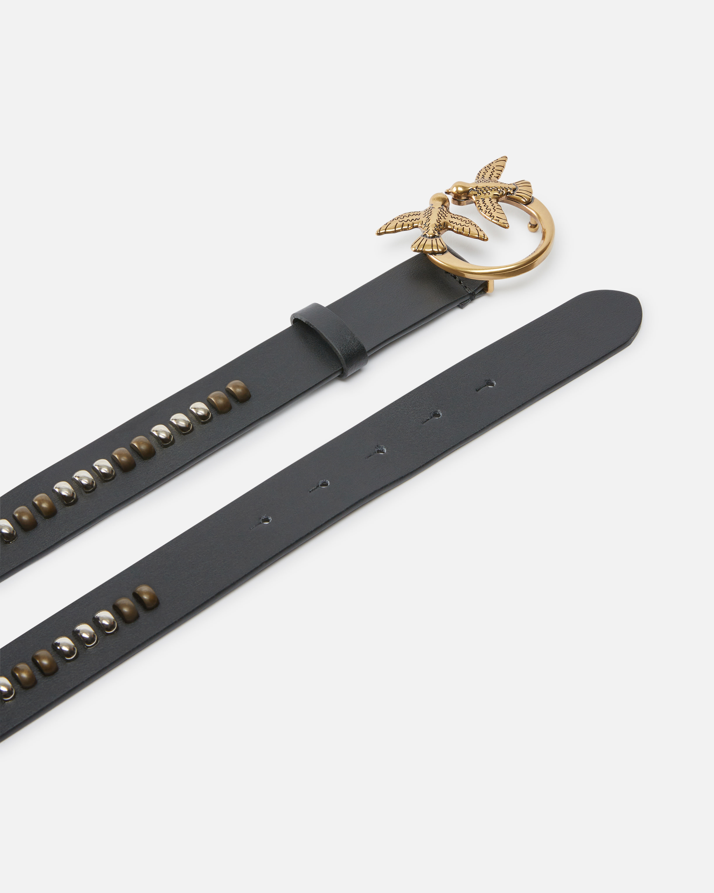 Pinko Leather Belt With Studded Birds Buckle In Nero-antique Gold