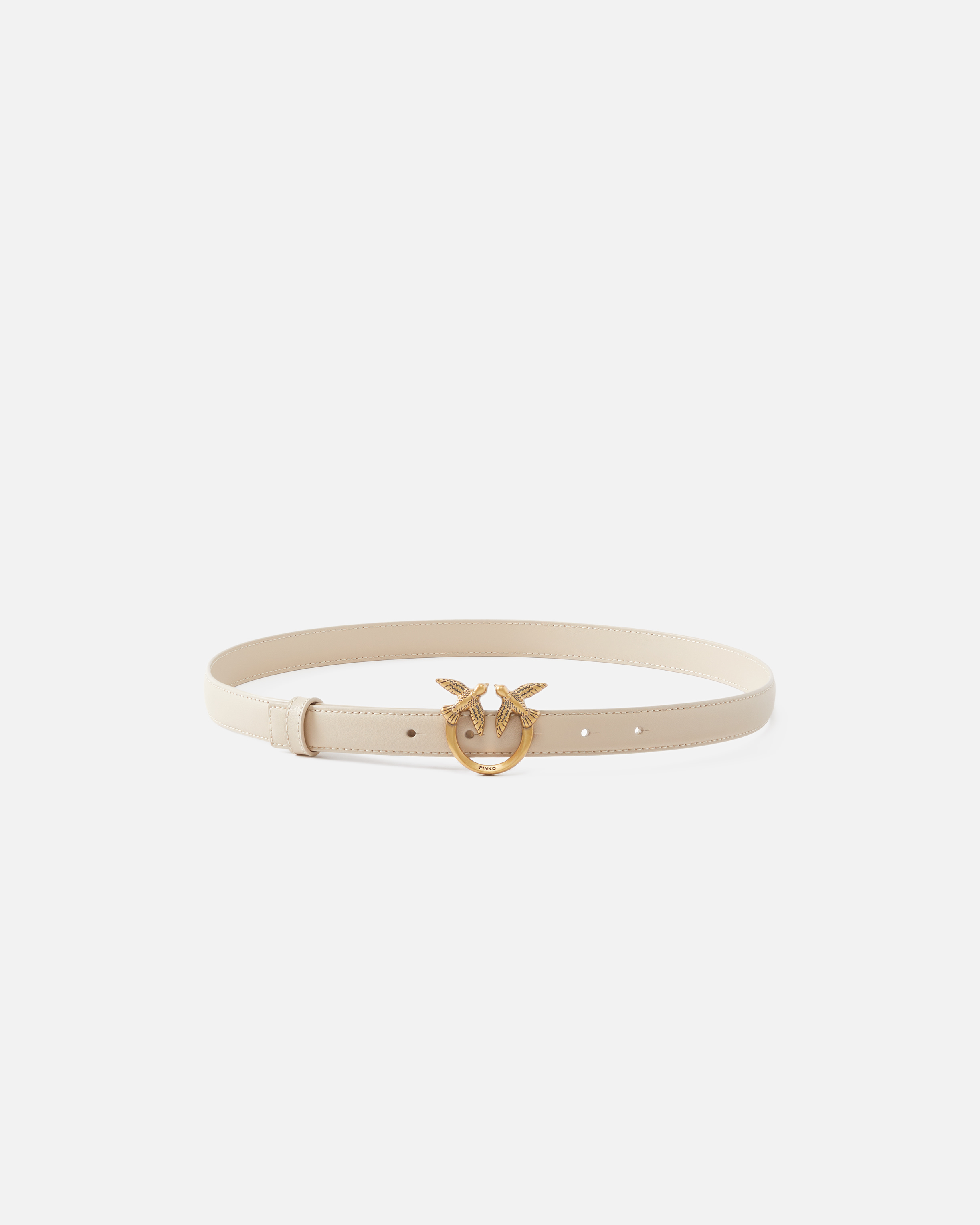 Pinko Love Birds Thin Leather Belt 2cm In Beige-smoke Grey-antique Gold