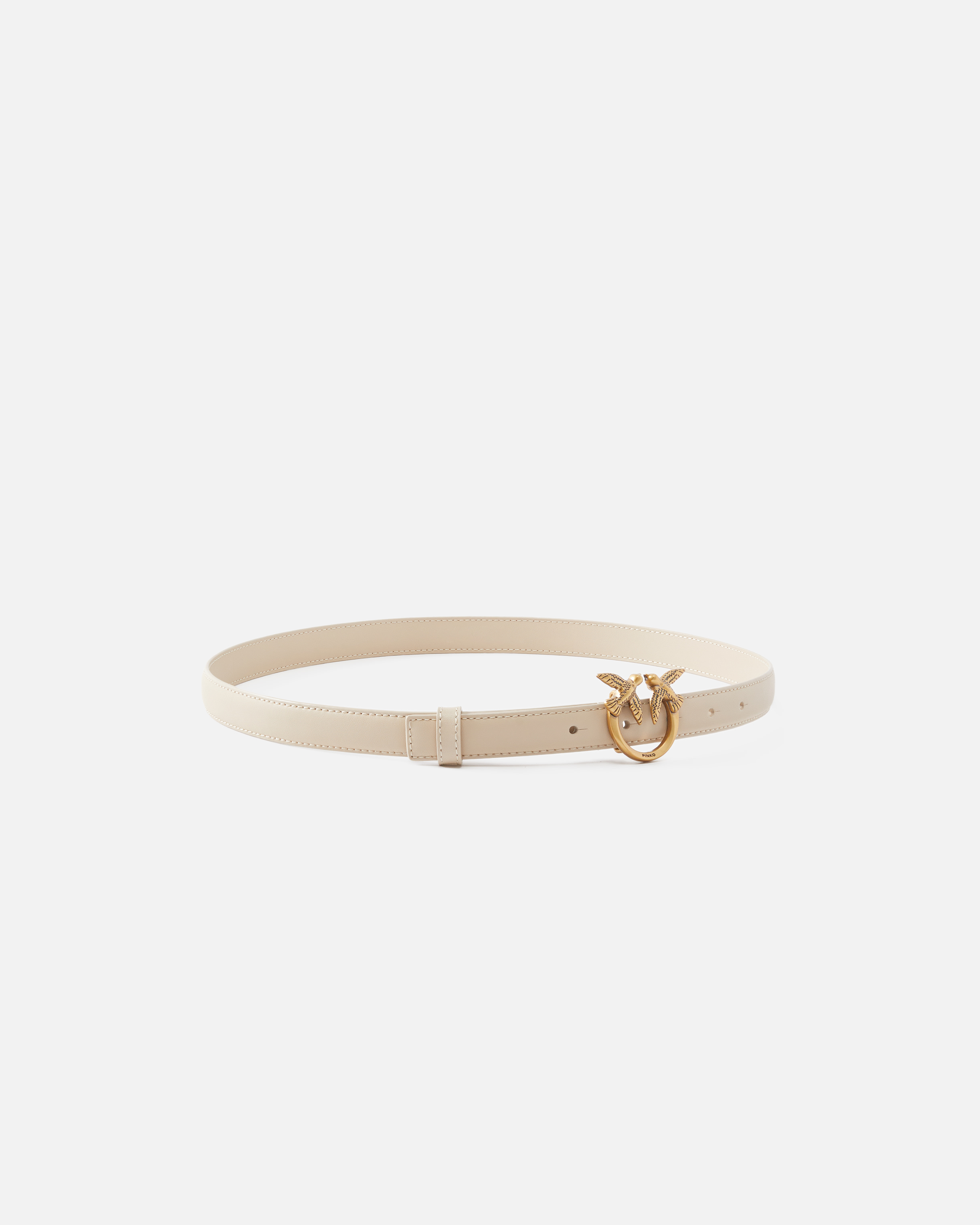 Pinko Love Birds Thin Leather Belt 2cm In Beige-smoke Grey-antique Gold